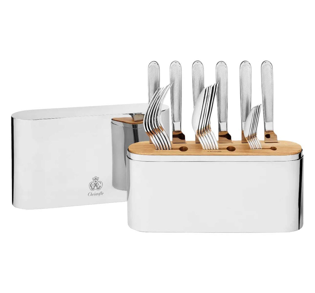 christofle concorde stainless steel flatware set for 24 people and case, includes 6 table forks, 6 dinner knives, 6 table spoons, and 6 coffee spoons.