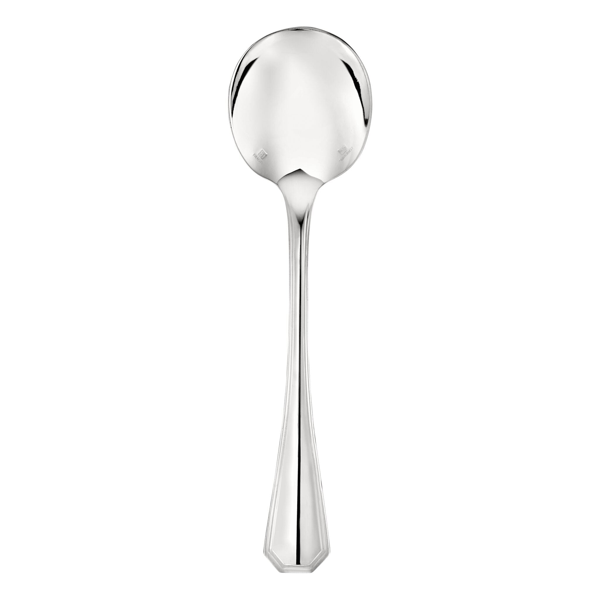 Christofle America Silver-Plated Cream Soup Spoon in silver-plate on a white background