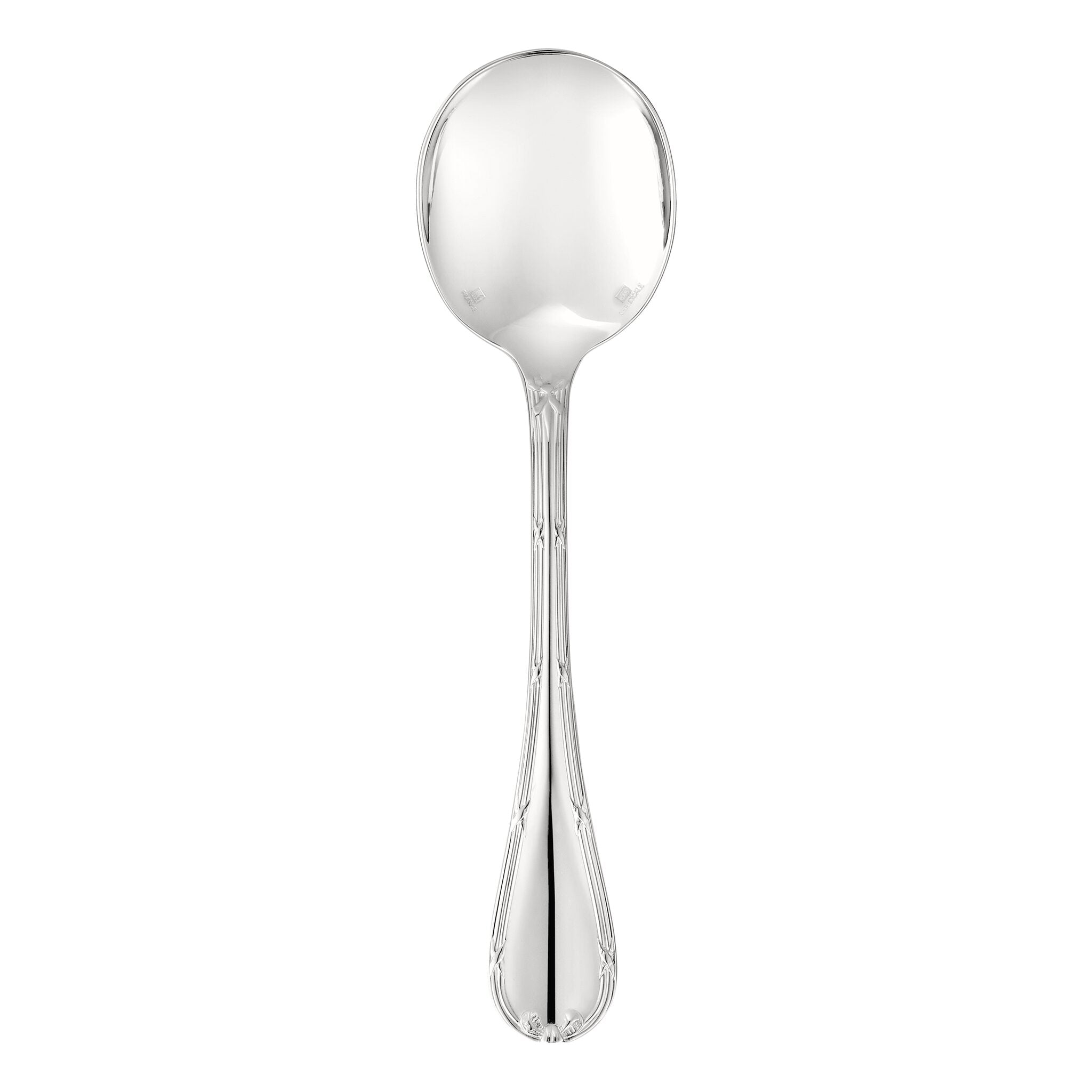 Christofle Rubans Silver-Plated Cream Soup Spoon in sterling silver on a white background