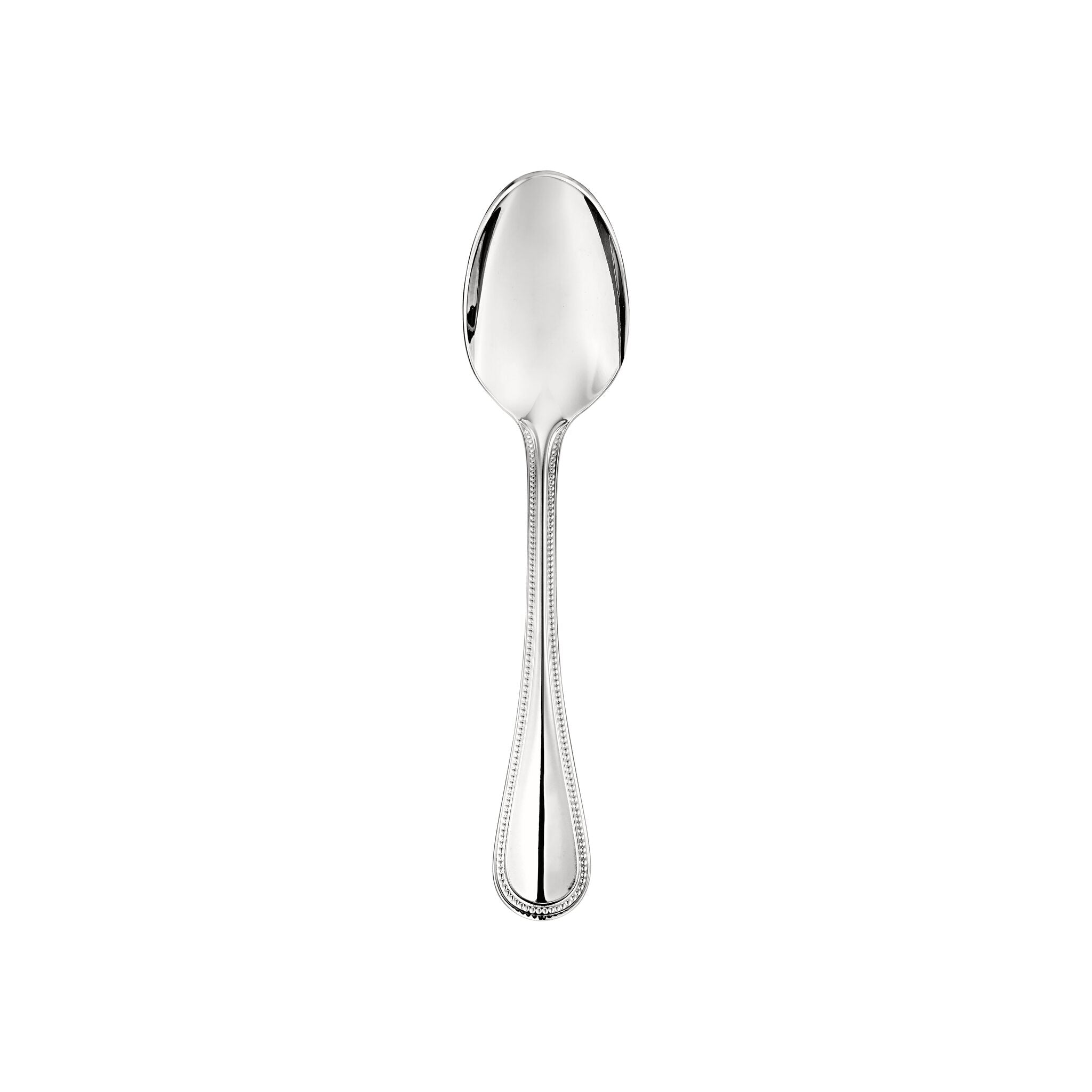 Christofle Stainless Steel Dessert Spoon in stainless steel on a white background