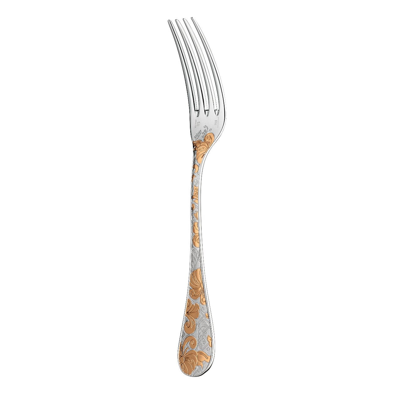 Christofle Jardin d'Eden Partially Gilded Silver Plated Dinner Fork in silver-plate on a white background