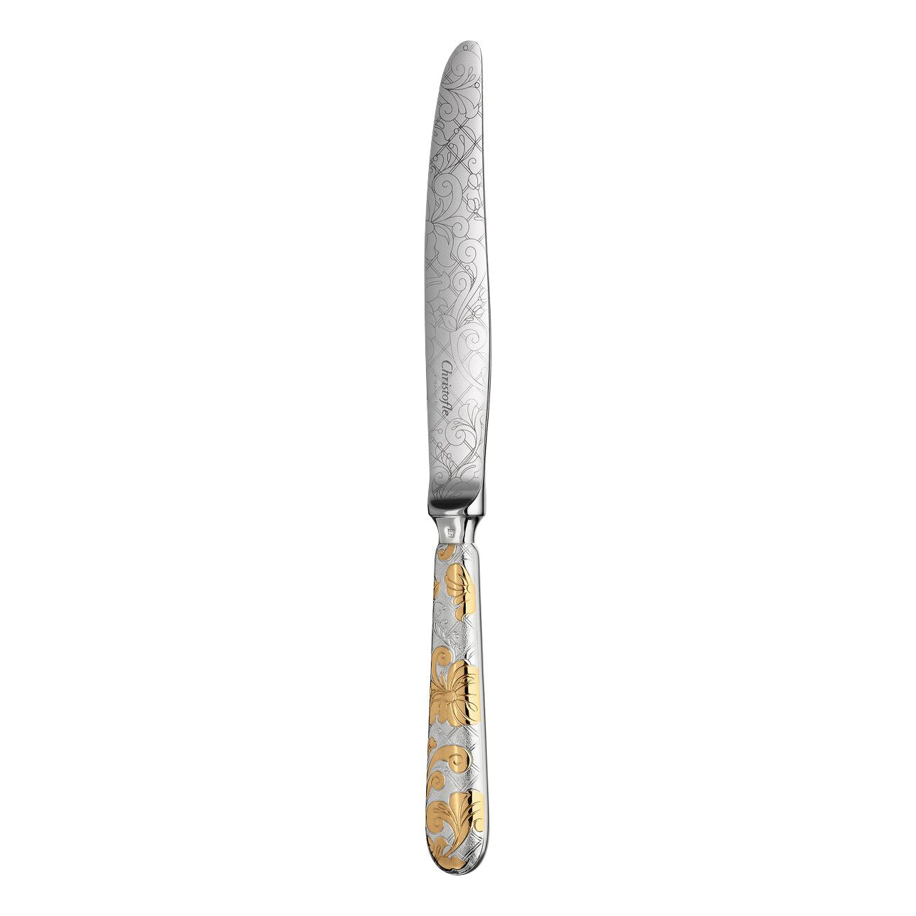 Christofle Jardin d'Eden Partially Gilded Silver Plated Dinner Knife in silver-plate on a white background