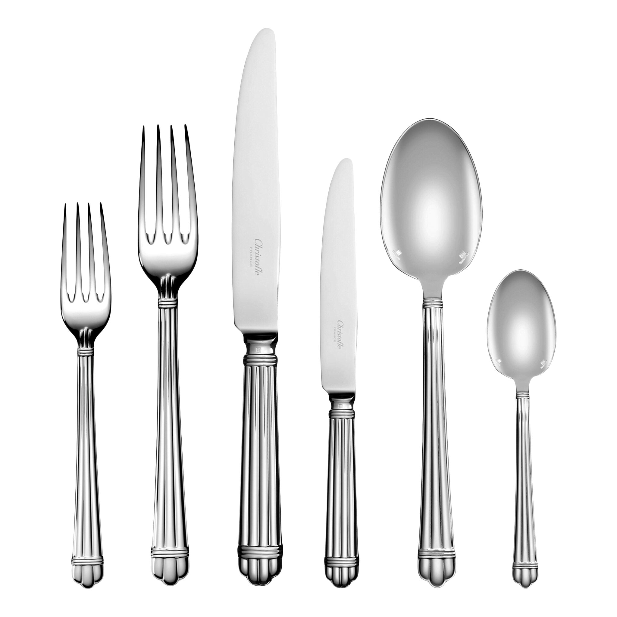 Christofle Aria Flatware Set for 12 People (110 Pieces) with Chest in silver-plate on a white background