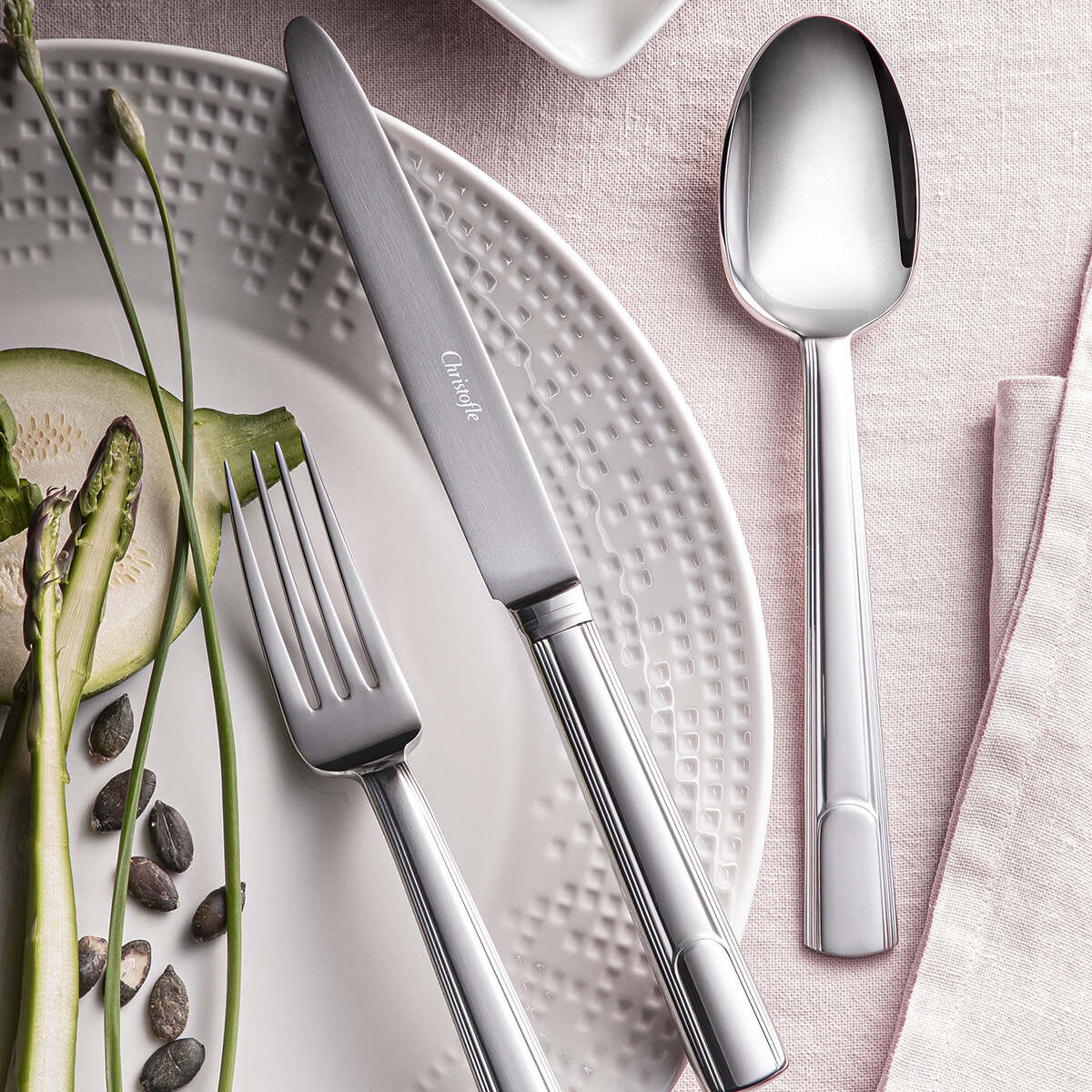 Christofle Flatware Set for 12 People (48 Pieces) Hudson Stainless Steel in stainless steel on a white background