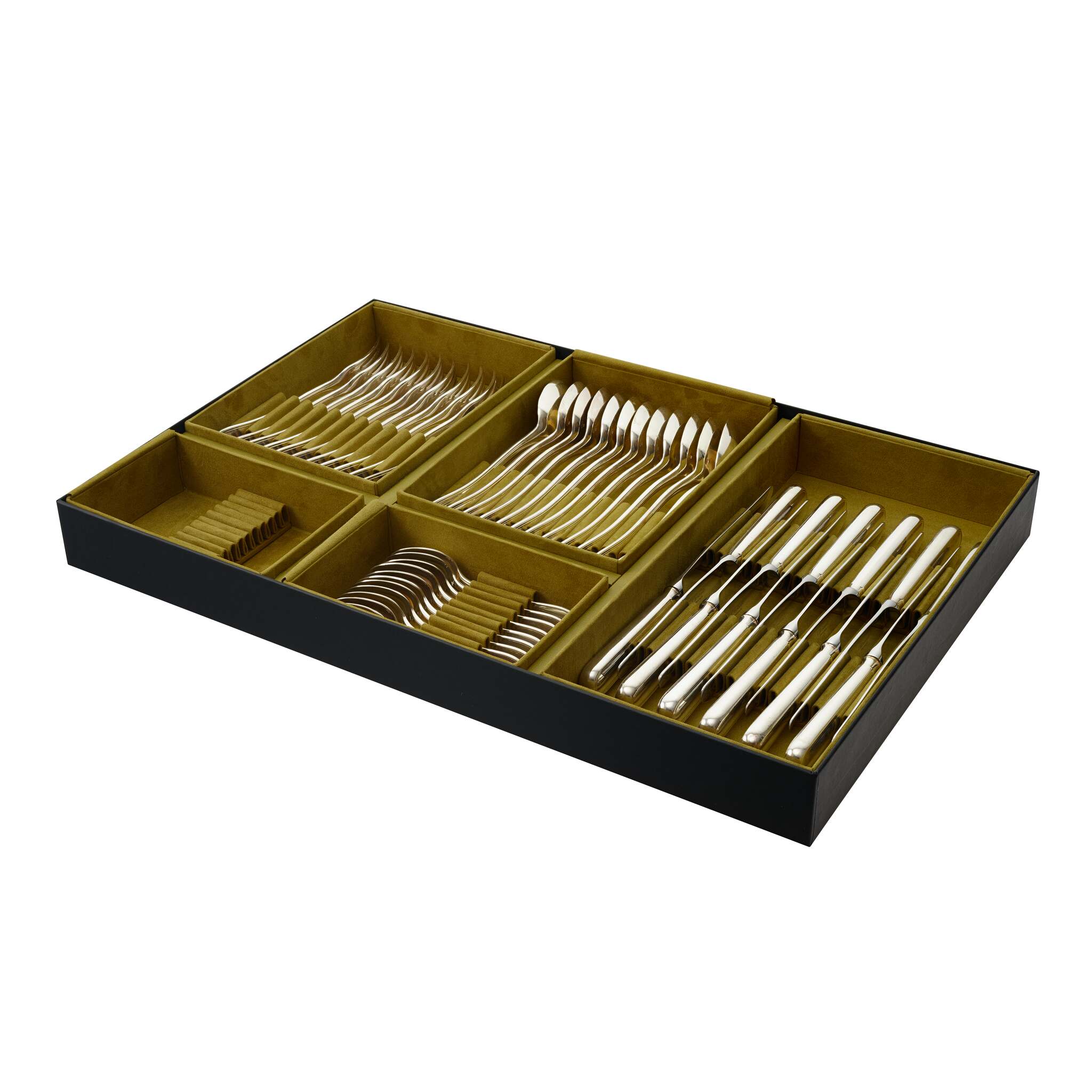 Christofle Flatware Set for 12 People (48 Pieces) Origine Stainless Steel in stainless steel on a white background
