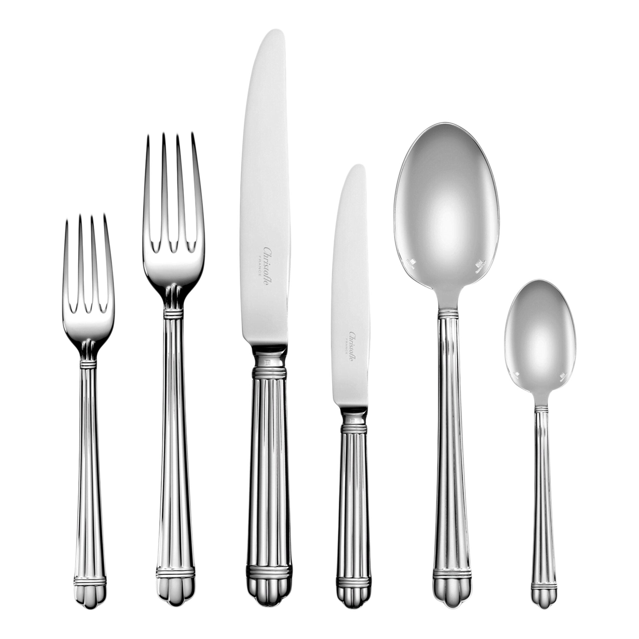 Christofle Aria 75-Piece Silver Plated Flatware Set with Chest in silver-plate on a white background