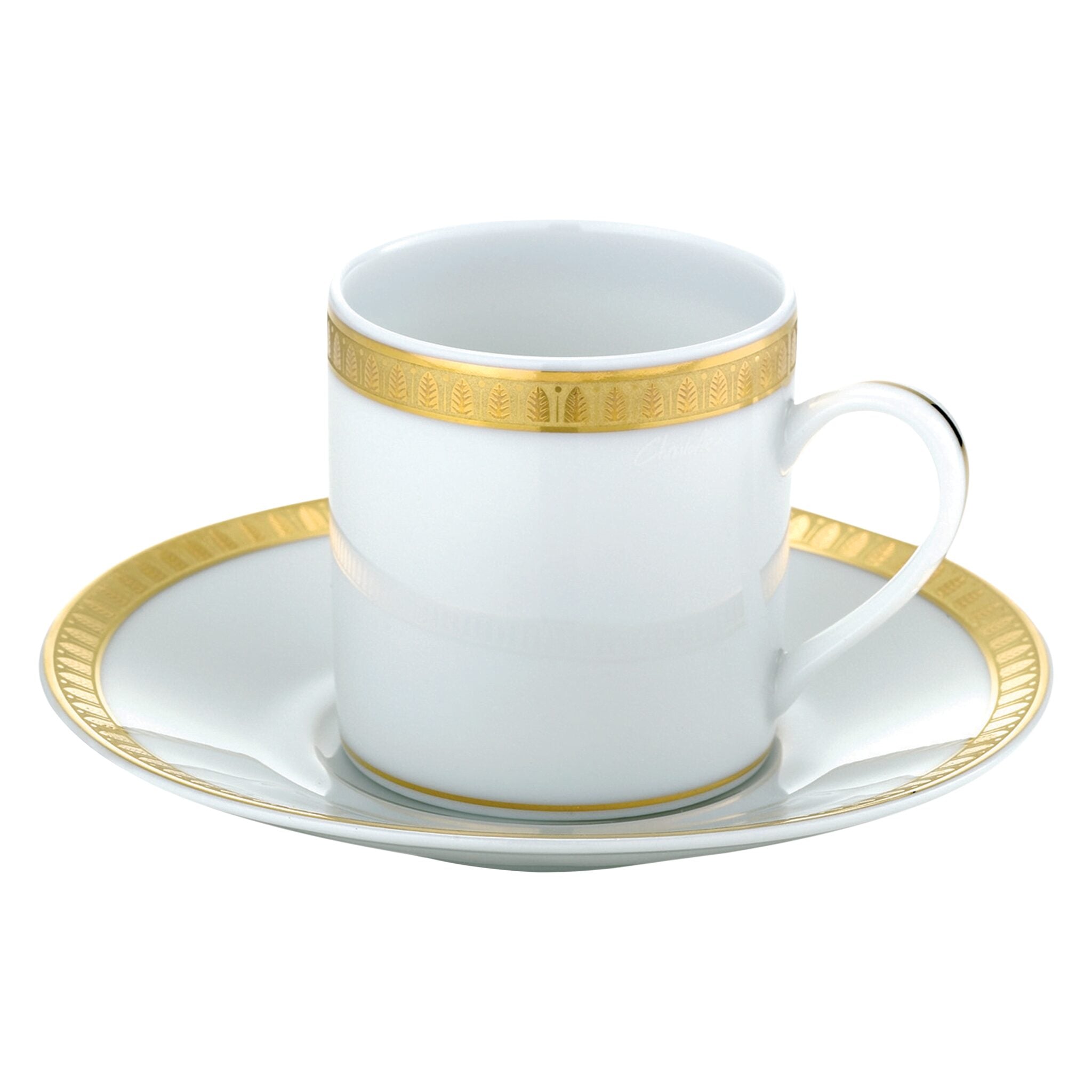 Christofle Malmaison Gilded Porcelain Demitasse Cup and Saucer in porcelain on a white background