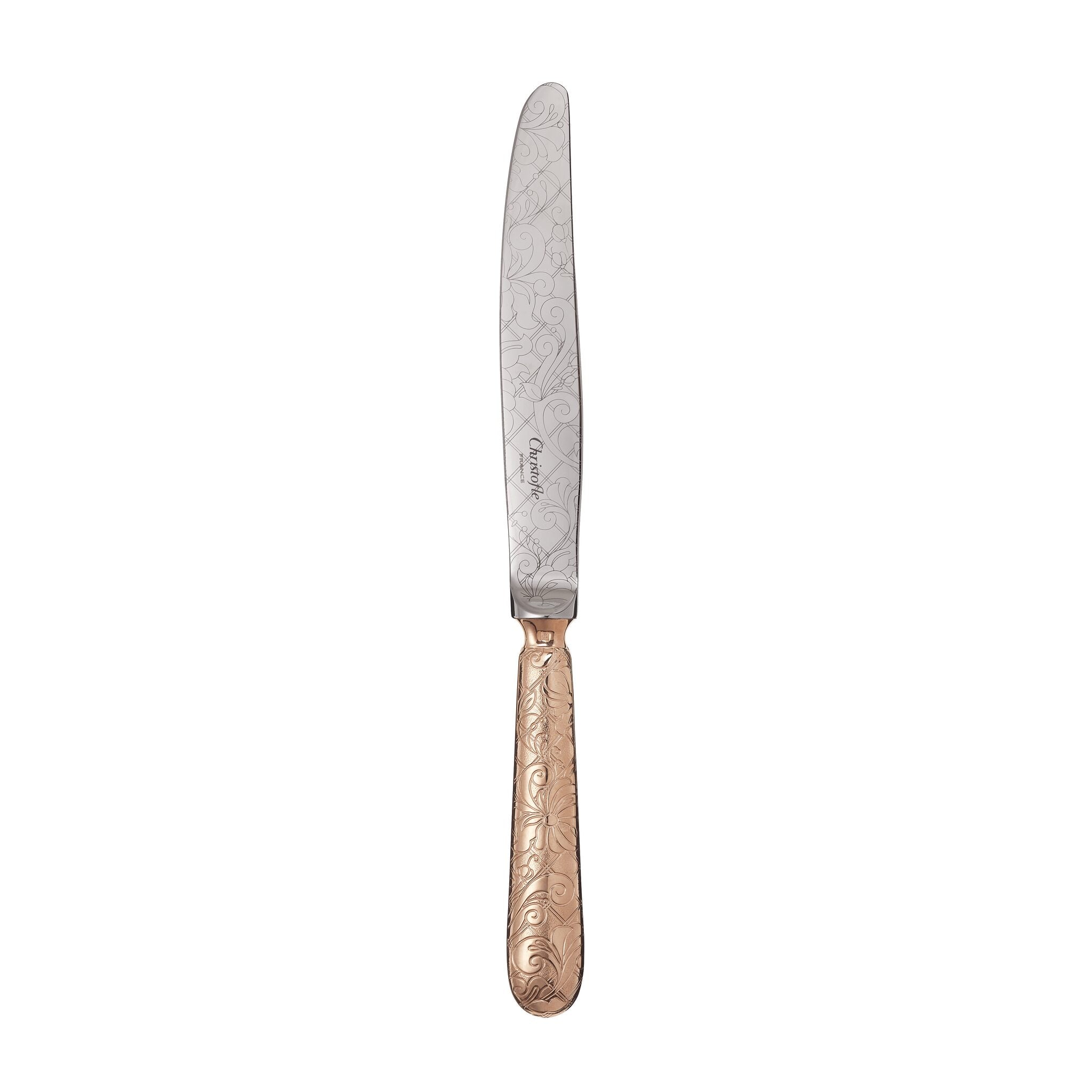 Christofle Jardin d'Eden Gilded Rose Gold Dinner Knife in silver-plate on a white background