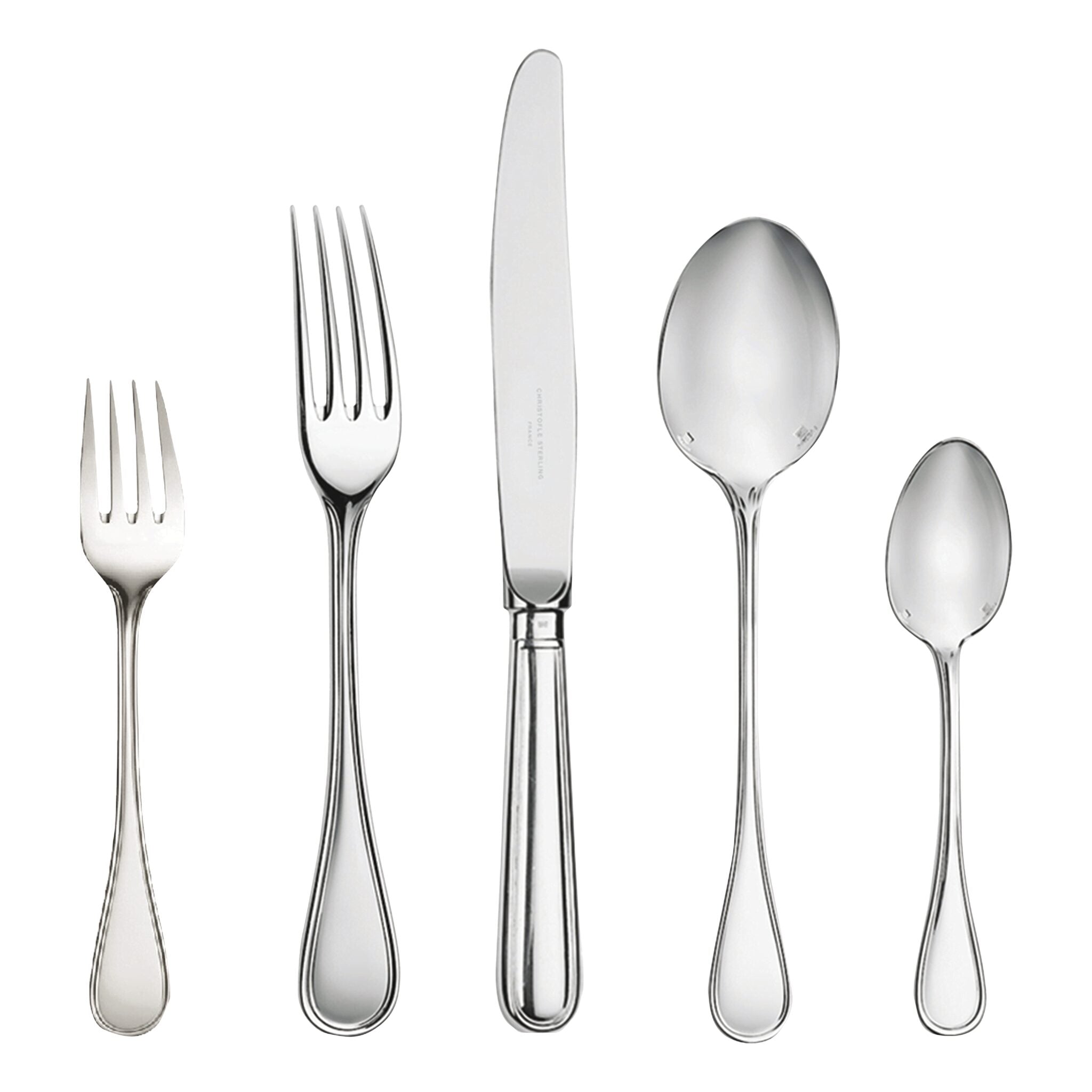 Christofle Albi Sterling Silver Five Piece Flatware Set in sterling silver on a white background