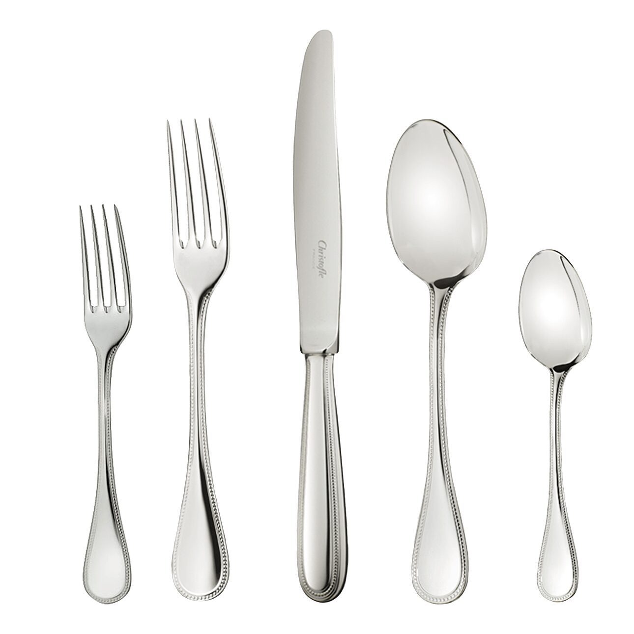 Christofle 5-Piece Stainless Steel Flatware Set in stainless steel on a white background