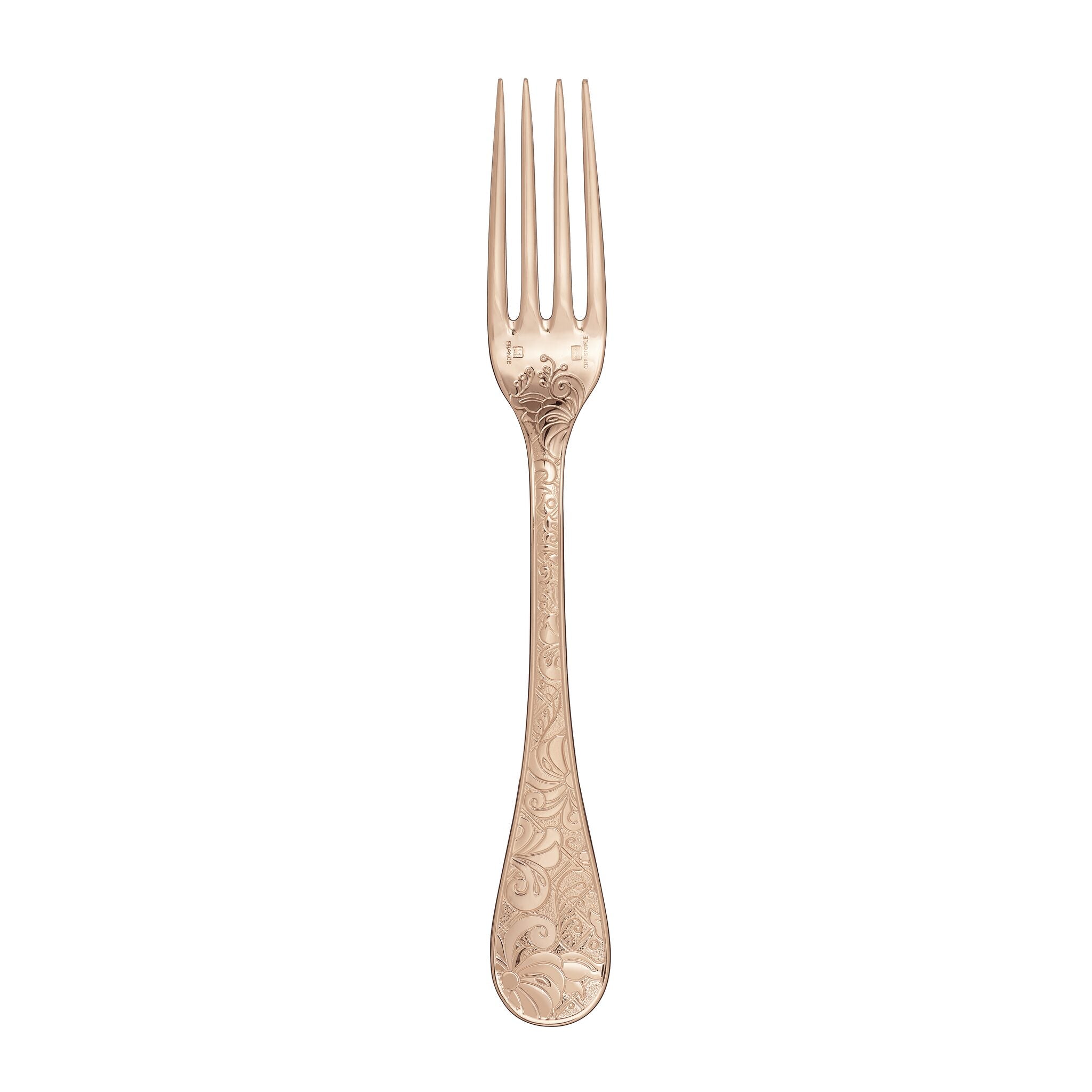 Christofle Jardin d'Eden Gilded Rose Gold Dinner Fork in silver-plate on a white background