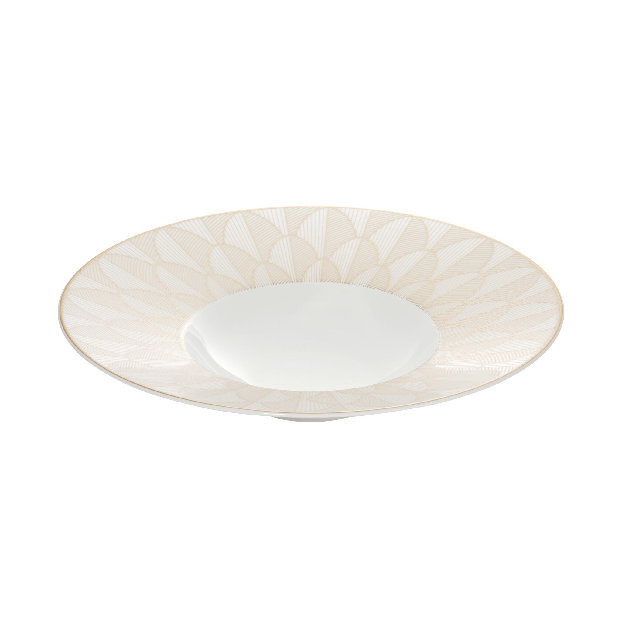 Christofle Malmaison Porcelain Large Rim Plate Gold Finish in porcelain on a white background