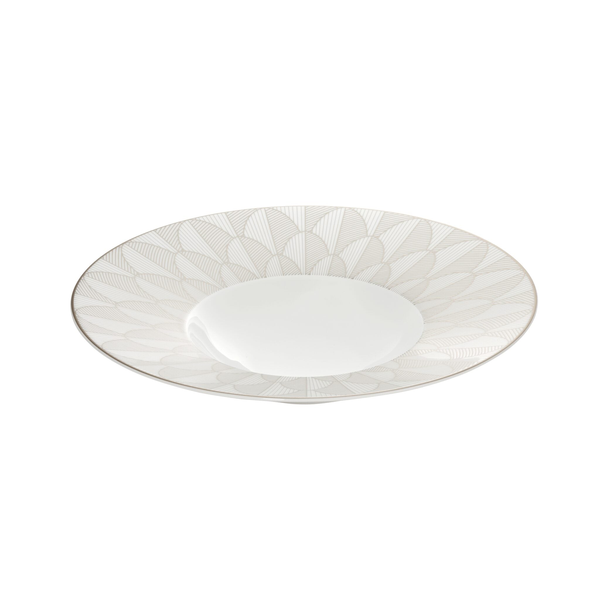 Christofle Malmaison Porcelain Large Rim Plate Platinum Finish in porcelain on a white background