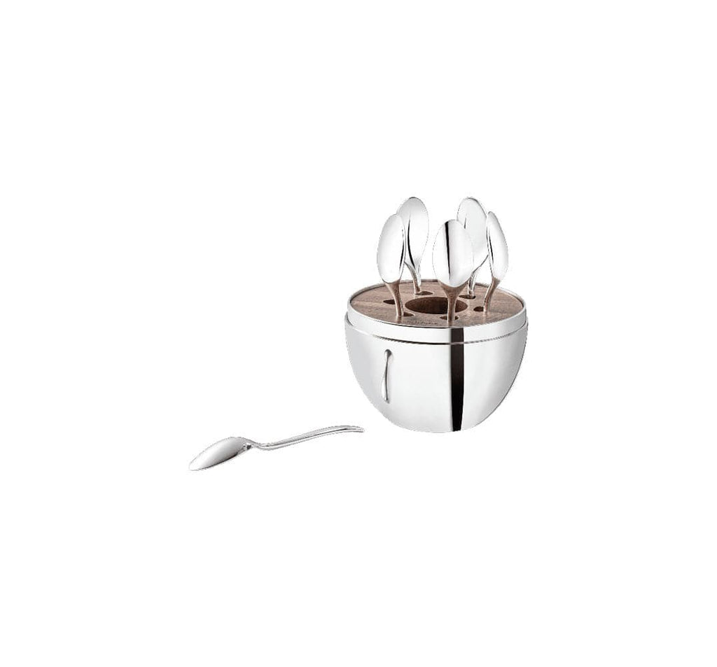 Christofle Mood silver-plated egg-shaped case with 6 espresso spoons, open with walnut wood interior
