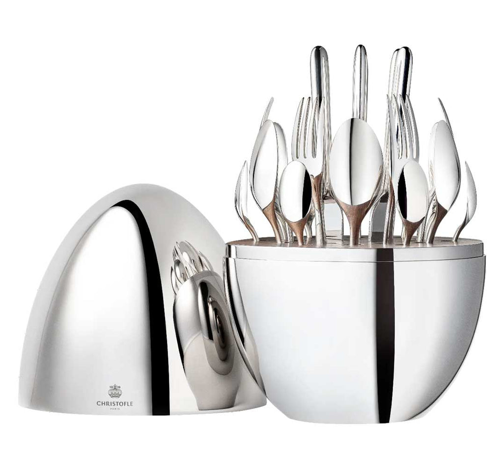Christofle Mood silver-plated egg-shaped flatware case with 6 table knives, 6 table forks, 6 table spoons, and 6 teaspoons