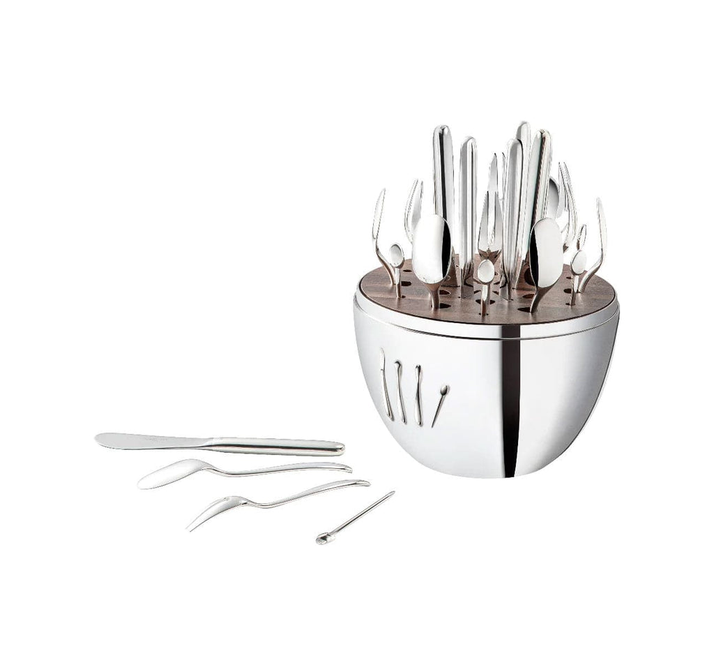 christofle mood egg-shaped silver-plated flatware chest with a set of 24 appetizer flatware, 6 butter knives, 6 small spoons, 6 appetizer/dessert forks, 6 silver-plated cocktail picks, 1 storage capsule