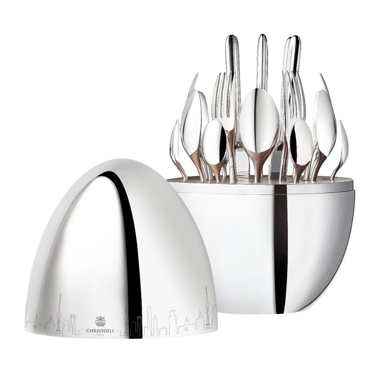 Christofle Mood Skyline Shanghai Silver-Plated 24-Piece Flatware Set on a white background