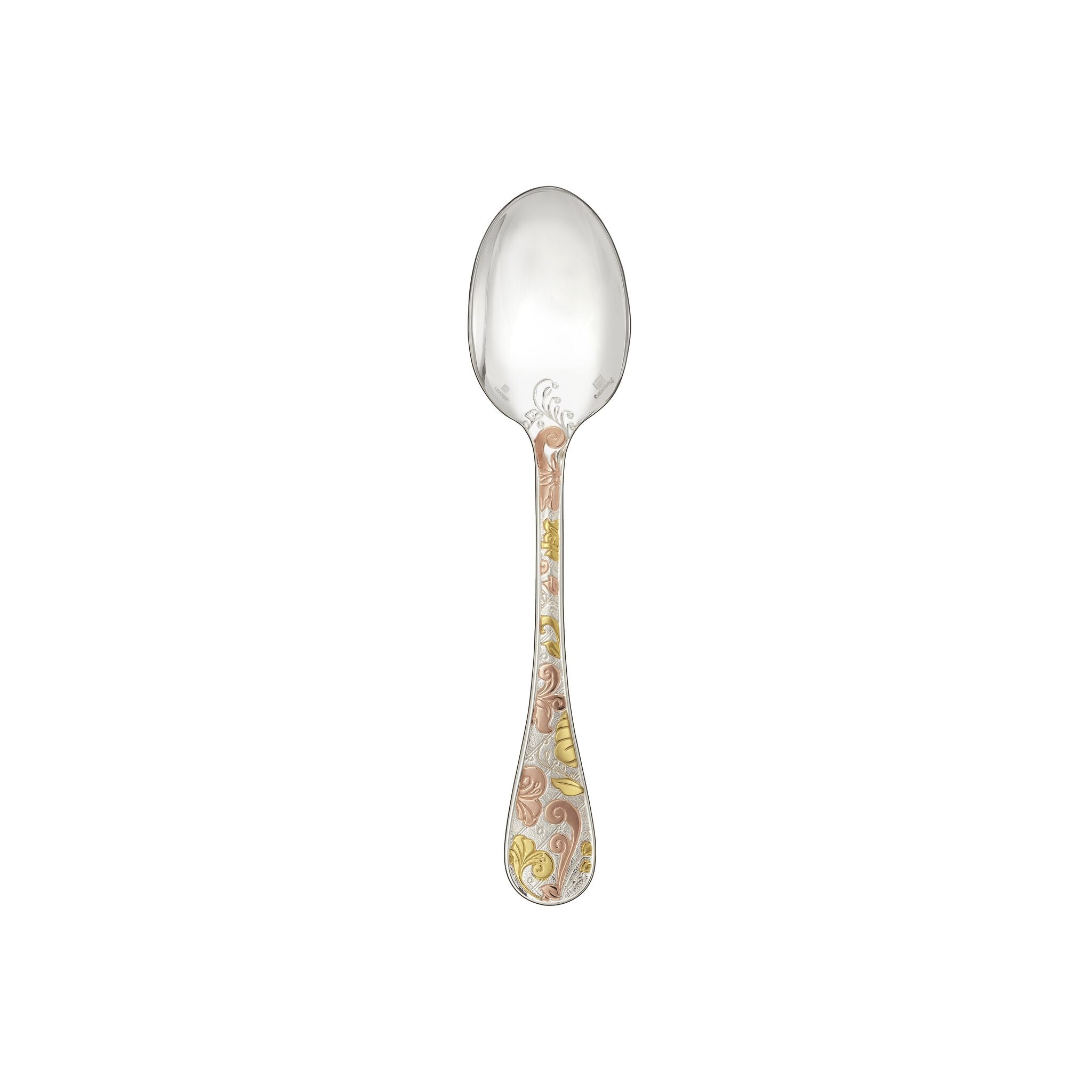 Christofle Jardin d'Eden Partially Gilded Rose & Yellow Gold Dessert Spoons in silver-plate on a white background