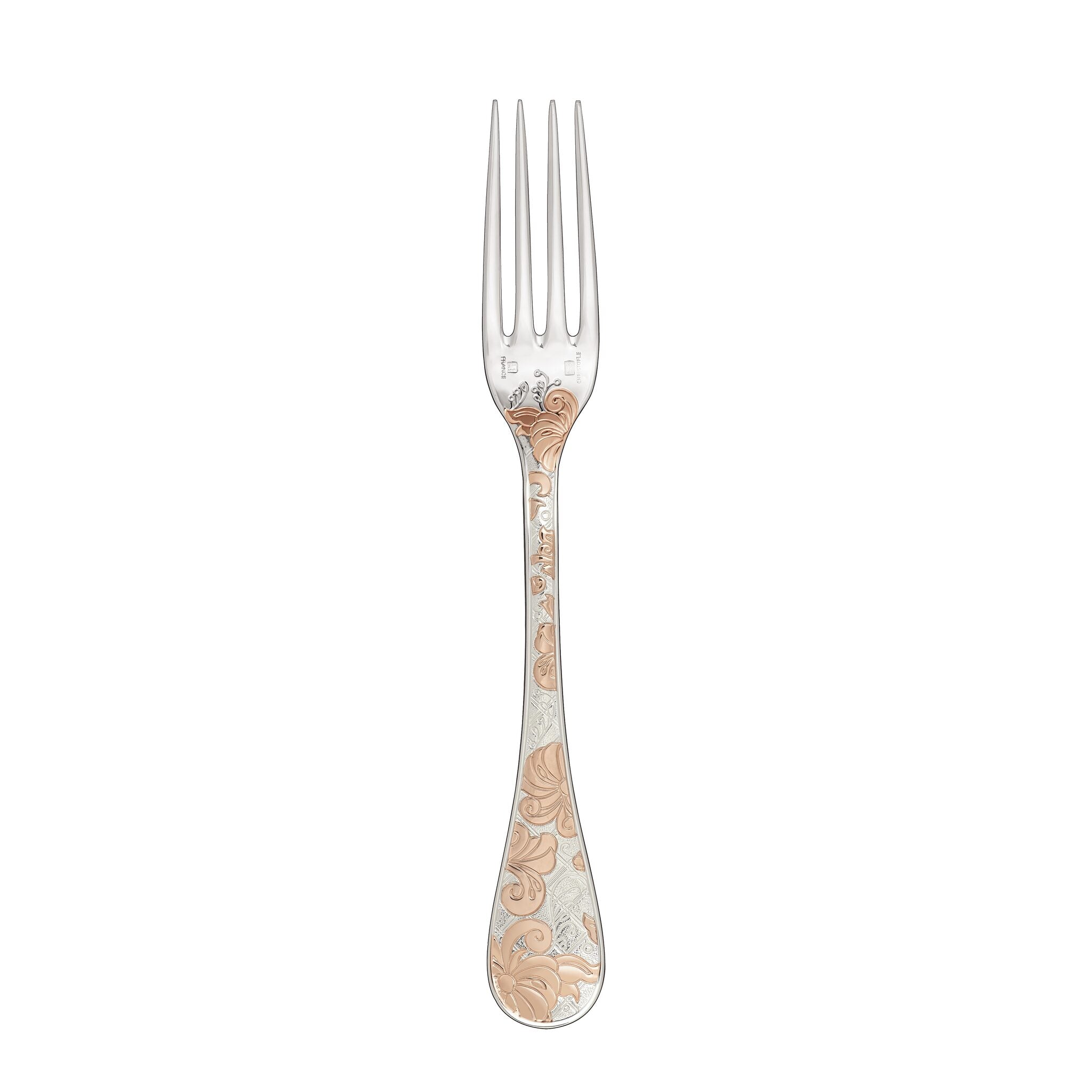 Christofle Jardin d'Eden Partially Gilded Rose Gold Dinner Fork in silver-plate on a white background