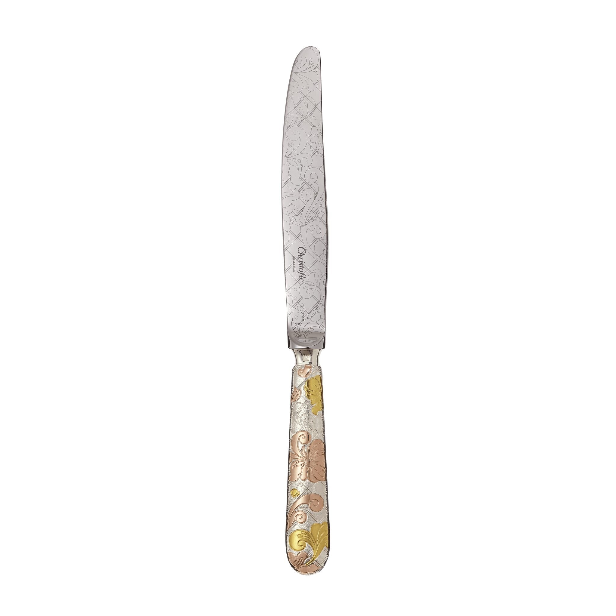 Christofle Jardin d'Eden Partially Gilded Rose & Yellow Gold Dinner Knife in silver-plate on a white background