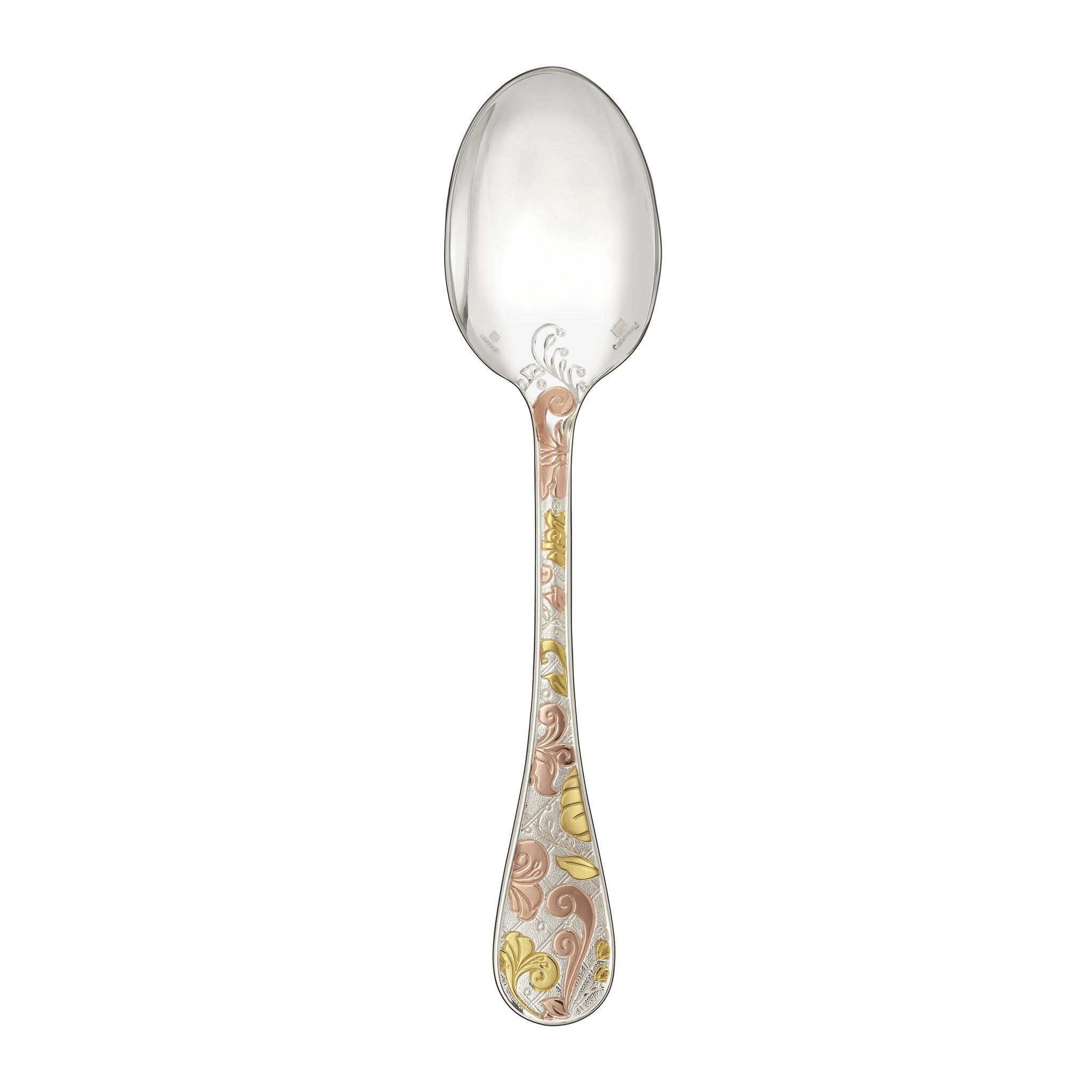 Christofle Jardin d'Eden Partially Gilded Rose & Yellow Gold Table Spoon in silver-plate on a white background
