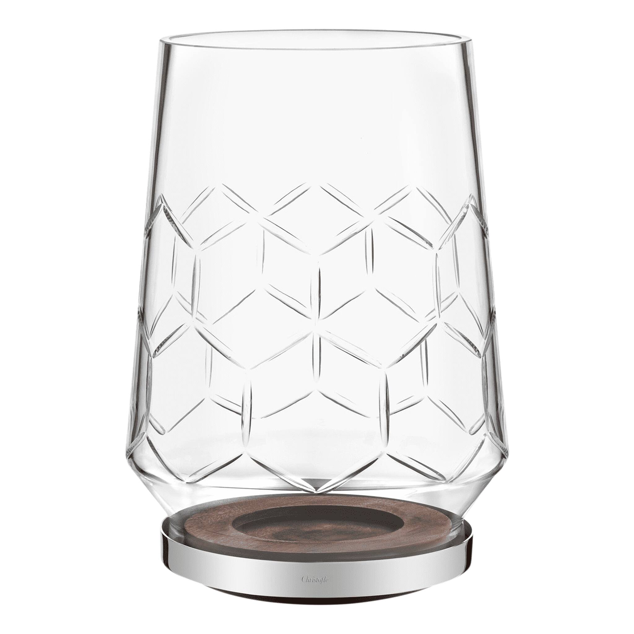Christofle Madison 6 Glass, Wood and Silver-Plated Hurricane in silver-plate on a white background
