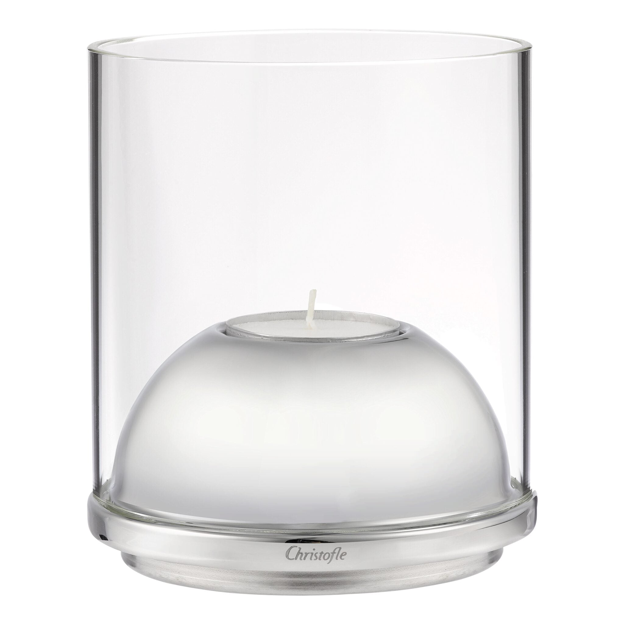 Christofle Oh de Christofle Small Stainless Steel & Glass Hurricane in stainless steel on a white background