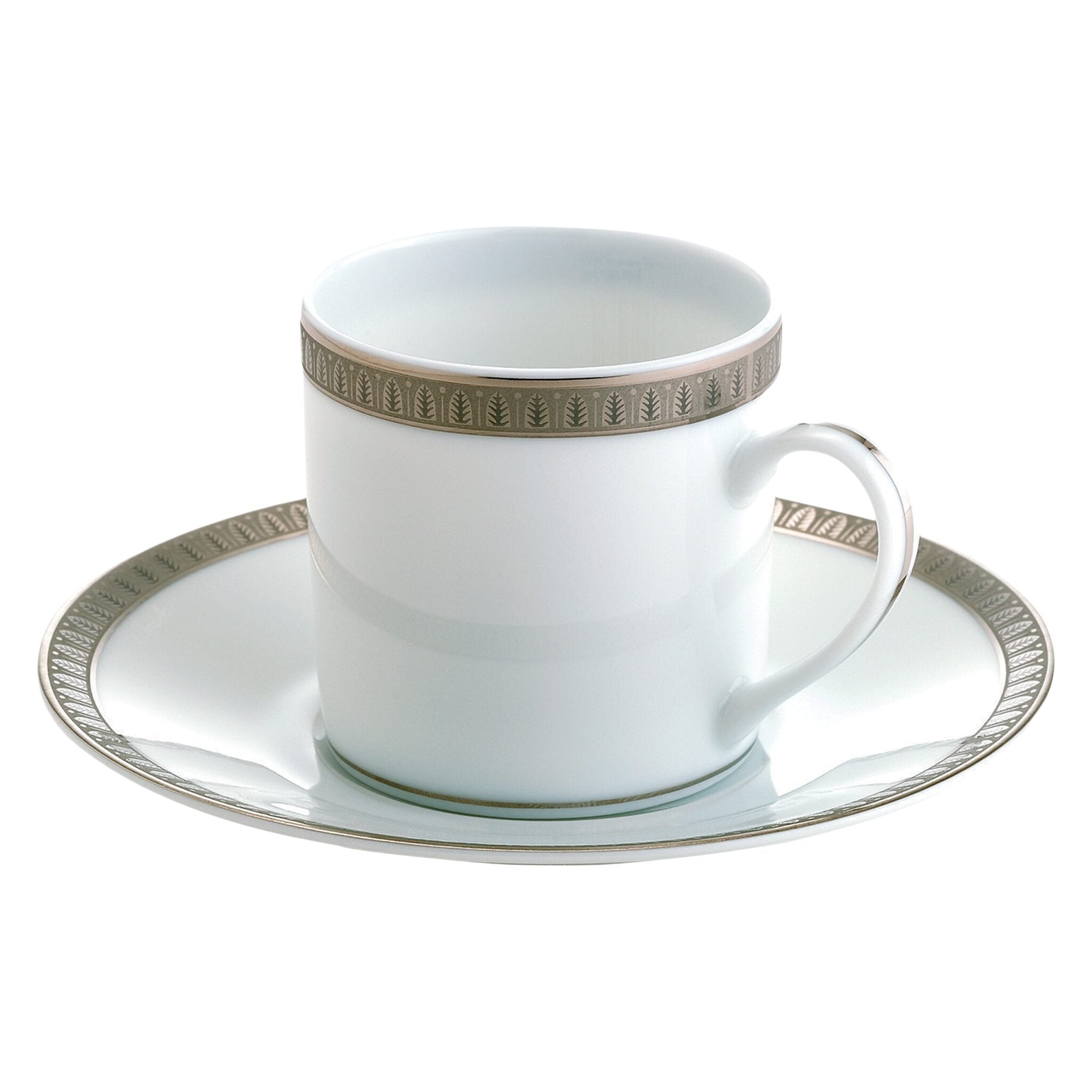 Christofle Malmaison Porcelain Coffee Cup and Saucer Platinum Finish in porcelain on a white background