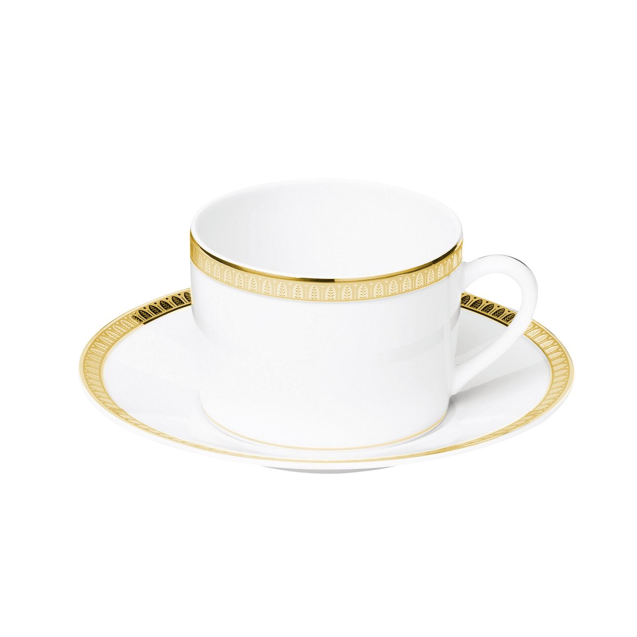 Christofle Malmaison Porcelain Tea Cup and Saucer Gold Finish in porcelain on a white background