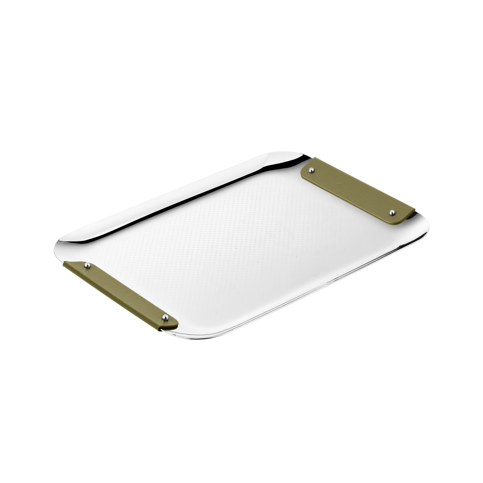Christofle Stainless Steel Imperial Green Handle Rectangular Tray - 13 X 9 in in stainless steel on a white background