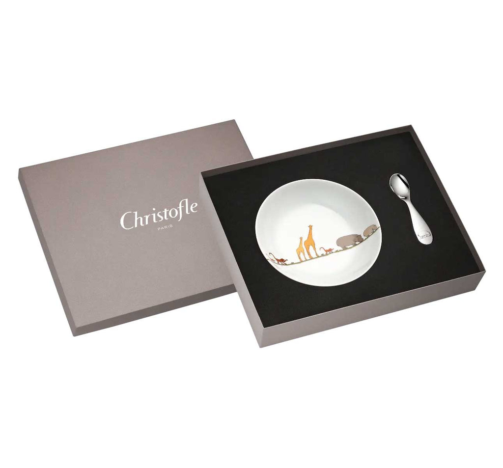 christofle savane children's set, cereal bowl with animals on it and a silver-plated spoon with a hippo on it