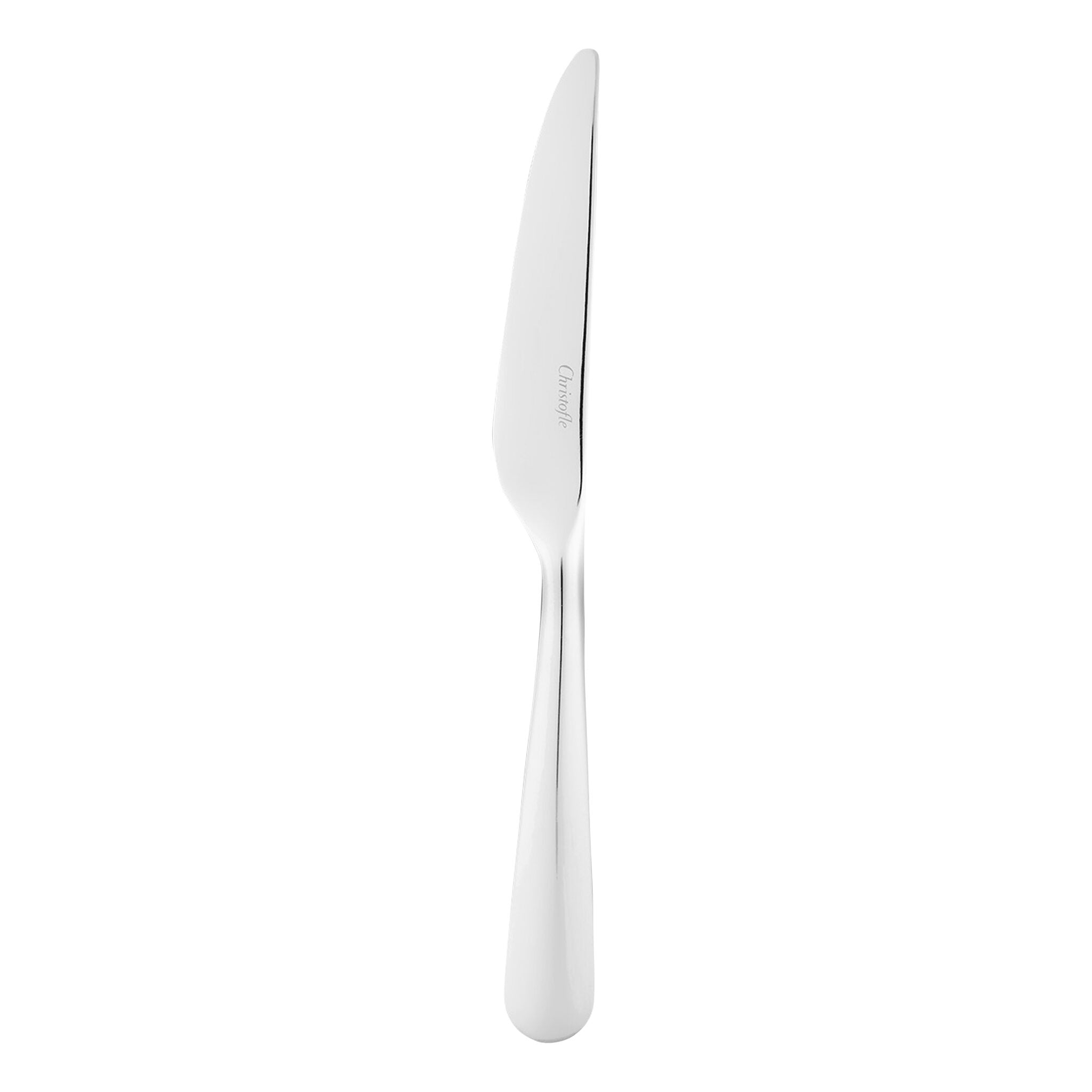 Christofle Origine Stainless Steel Serrated Blade Dinner Knife in stainless steel on a white background
