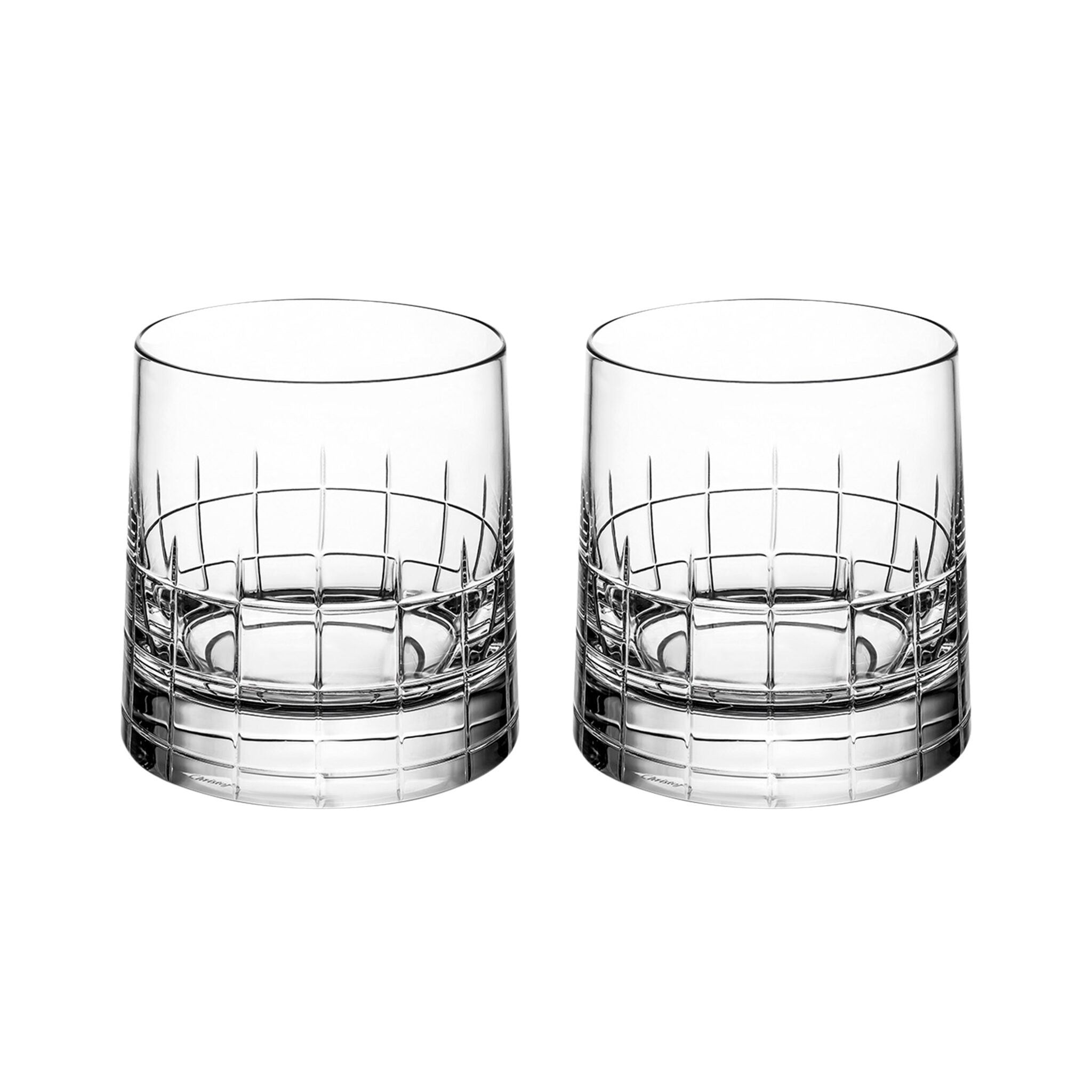 Christofle Graphik Set of 2 Crystal Double Old Fashioned Glasses in crystal on a white background