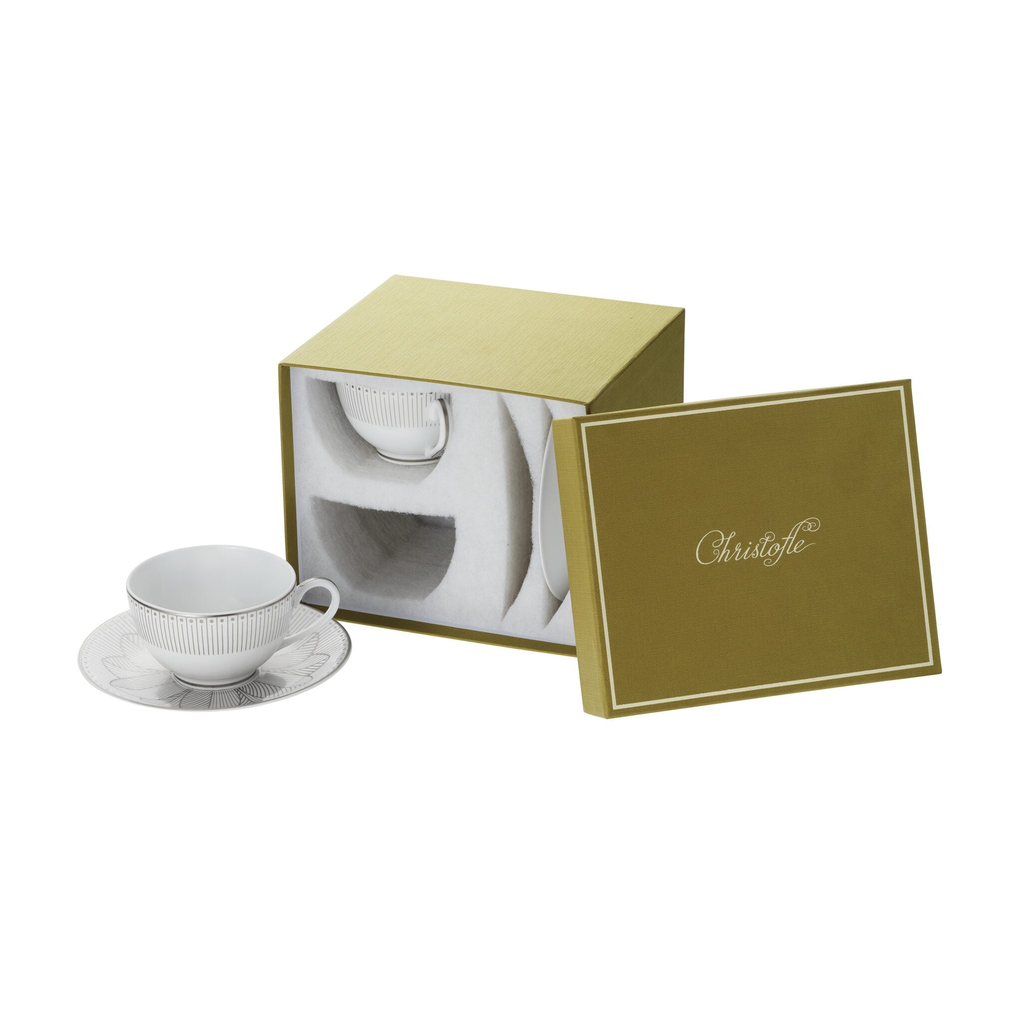 Christofle Malmaison Set of 2 Porcelain Tea Cup and Saucers Platinum Finish in porcelain on a white background