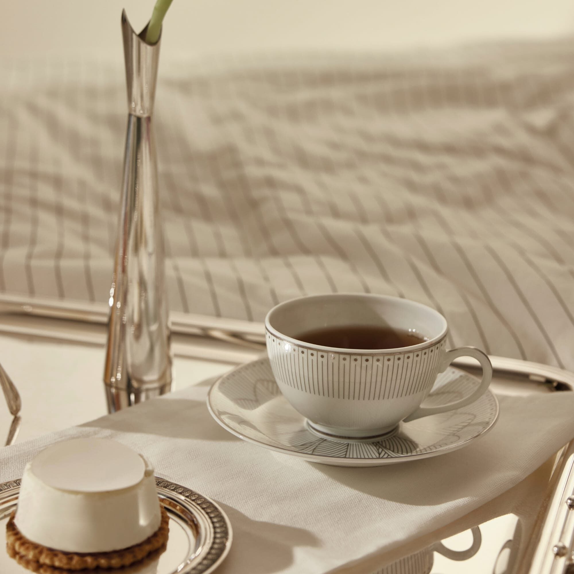 Christofle Malmaison Set of 2 Porcelain Tea Cup and Saucers Platinum Finish — additional view
