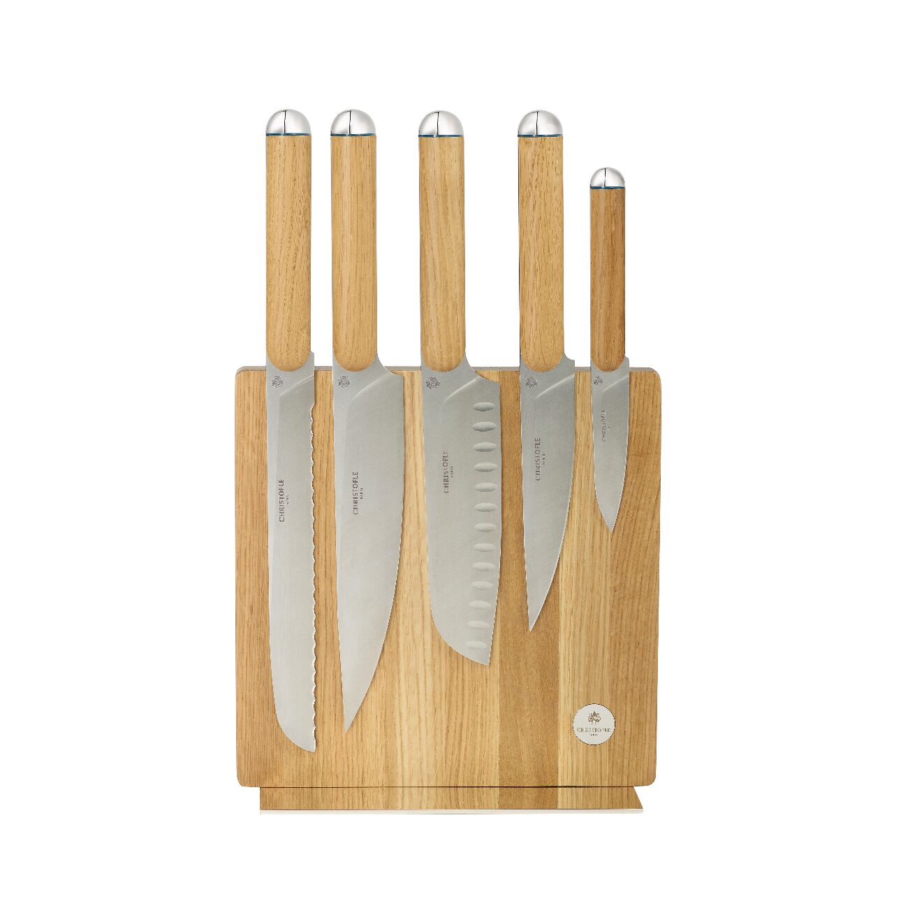 Christofle Set of 5 Knives + Knives Block Royal Chef on a white background