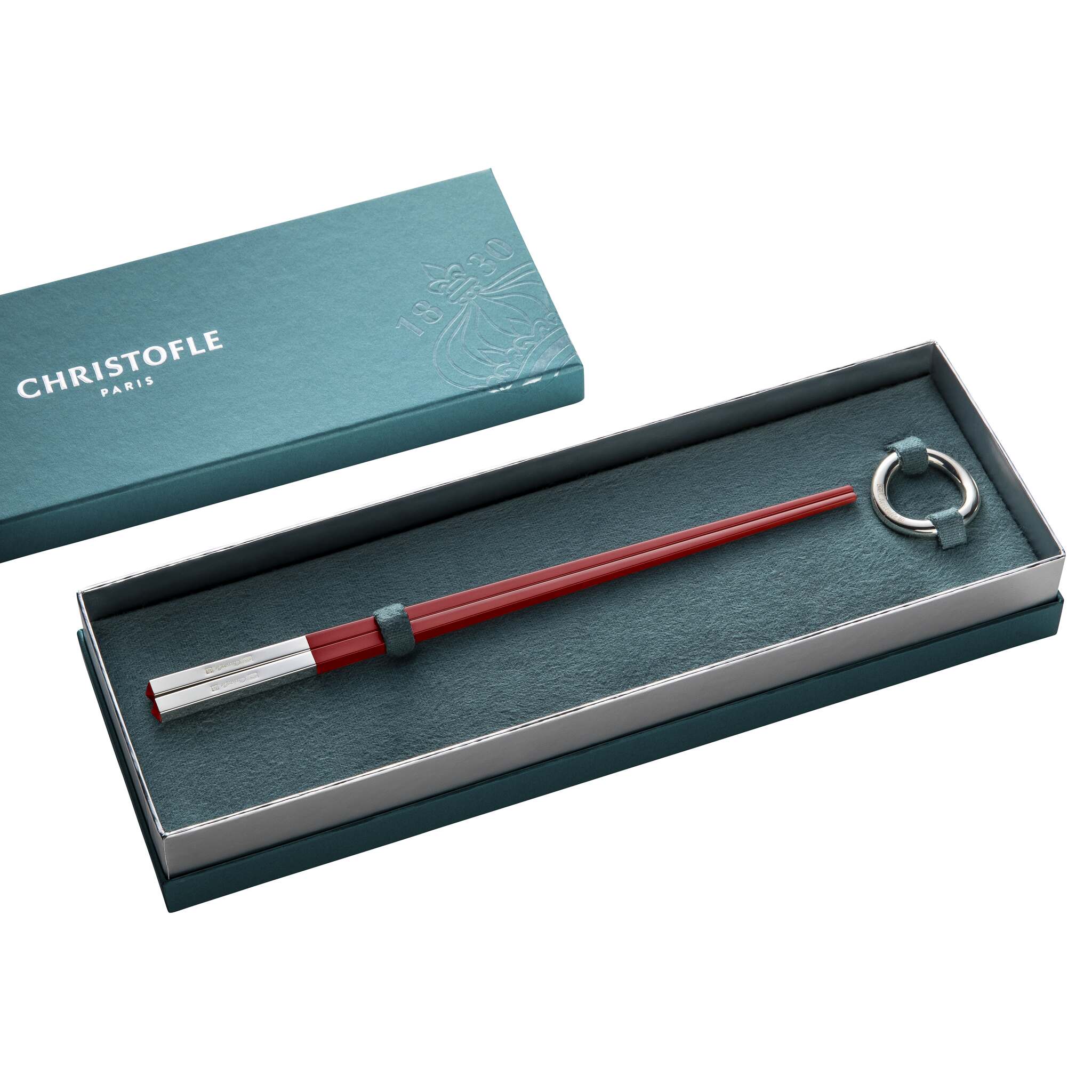 Christofle Set of Two Red Chinese Chopsticks and Chopsticks Rests in silver-plate on a white background