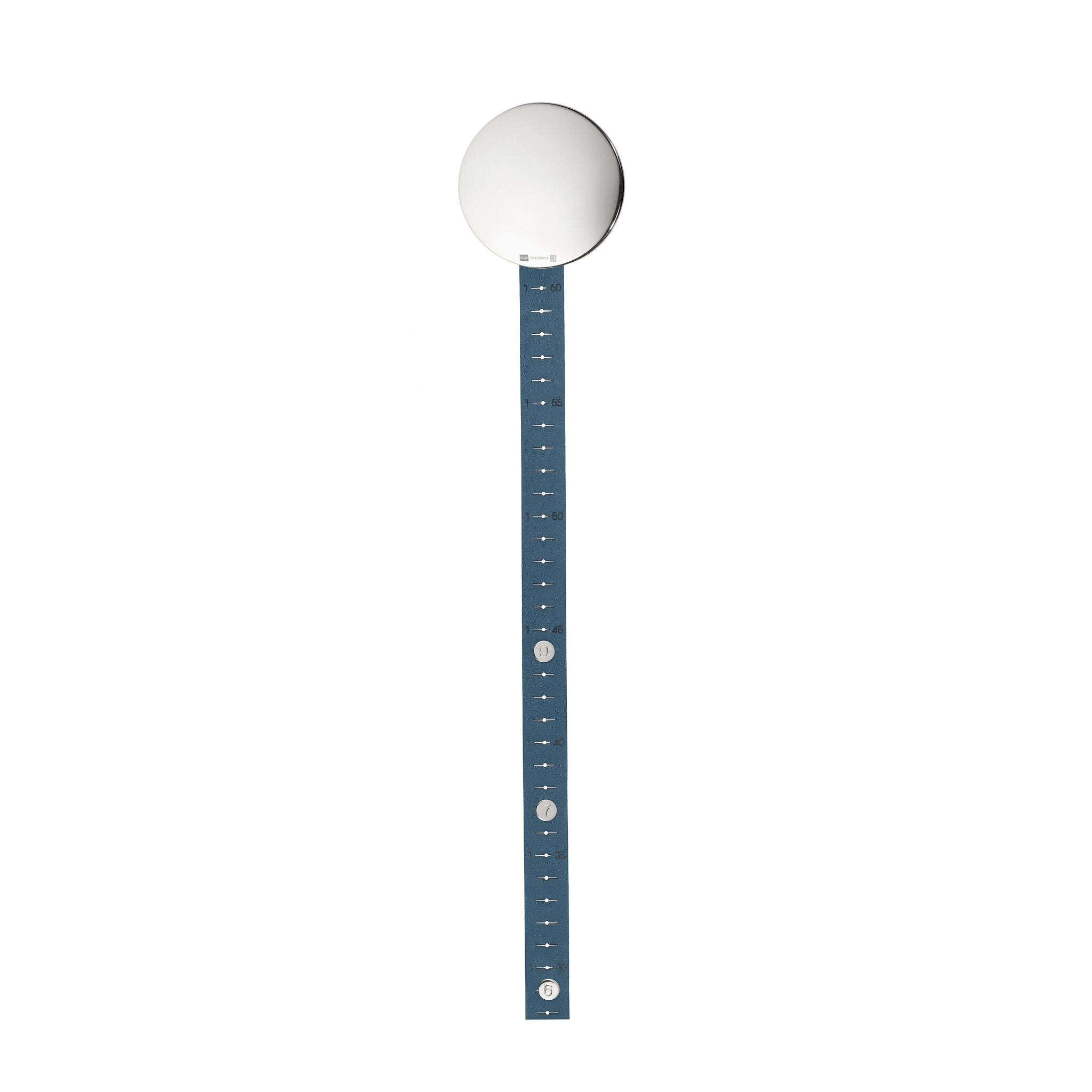 Christofle Silver Plated Measuring Rod with Veal Italian Leather in silver-plate on a white background