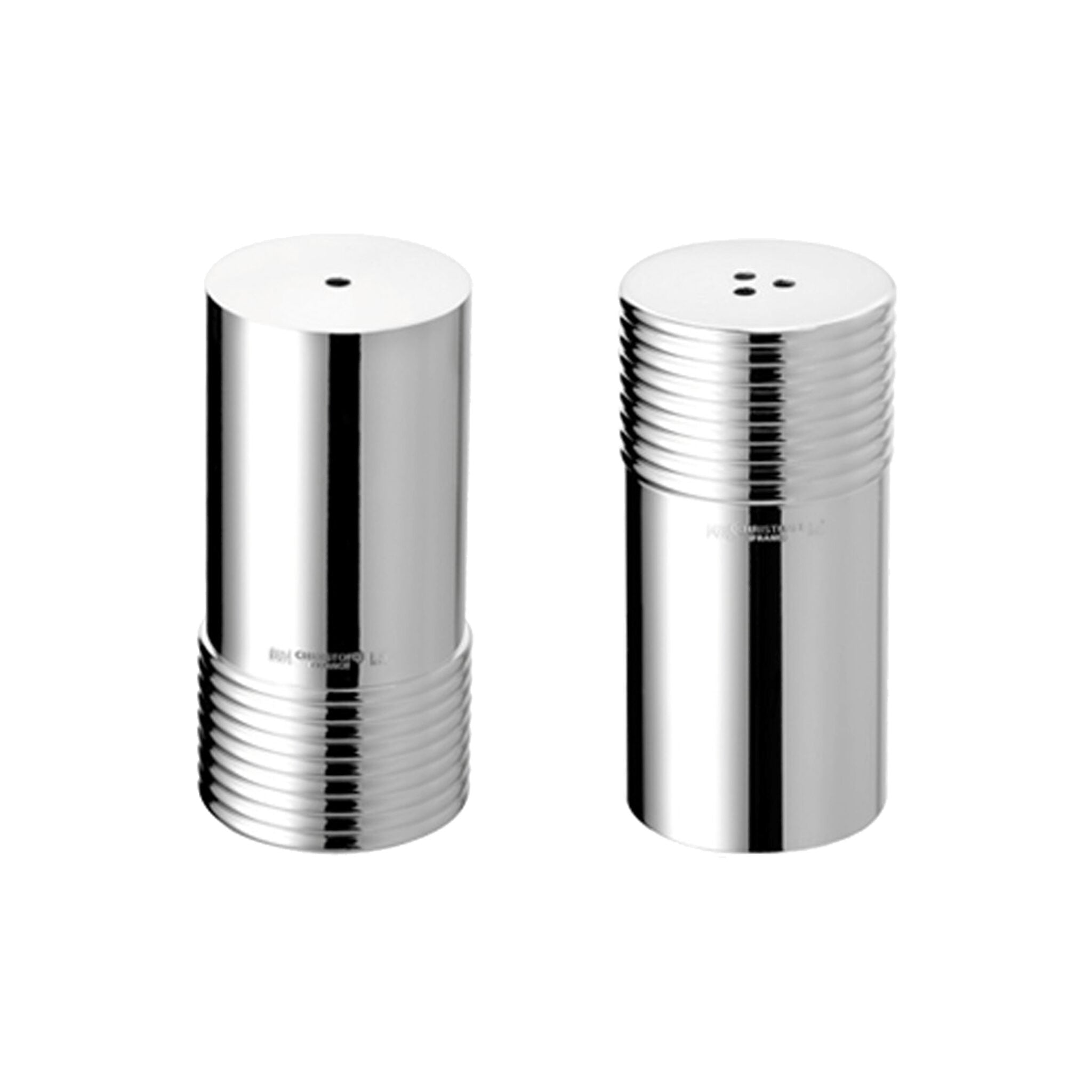 Christofle K+T Silver-Plated Salt & Pepper Shaker Set in silver-plate on a white background
