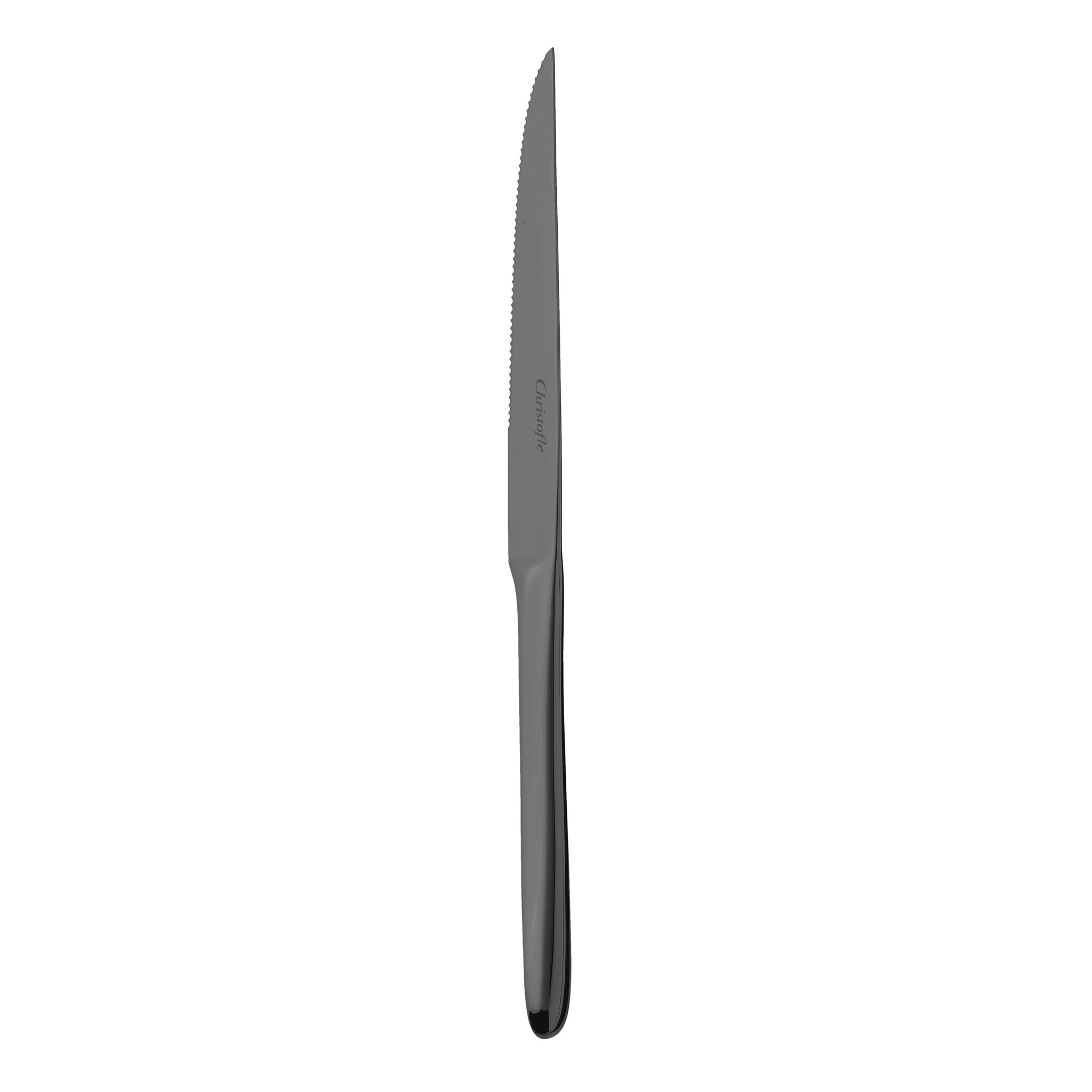 Christofle Black Stainless Steel Serrated Blade Steak Knife in stainless steel on a white background