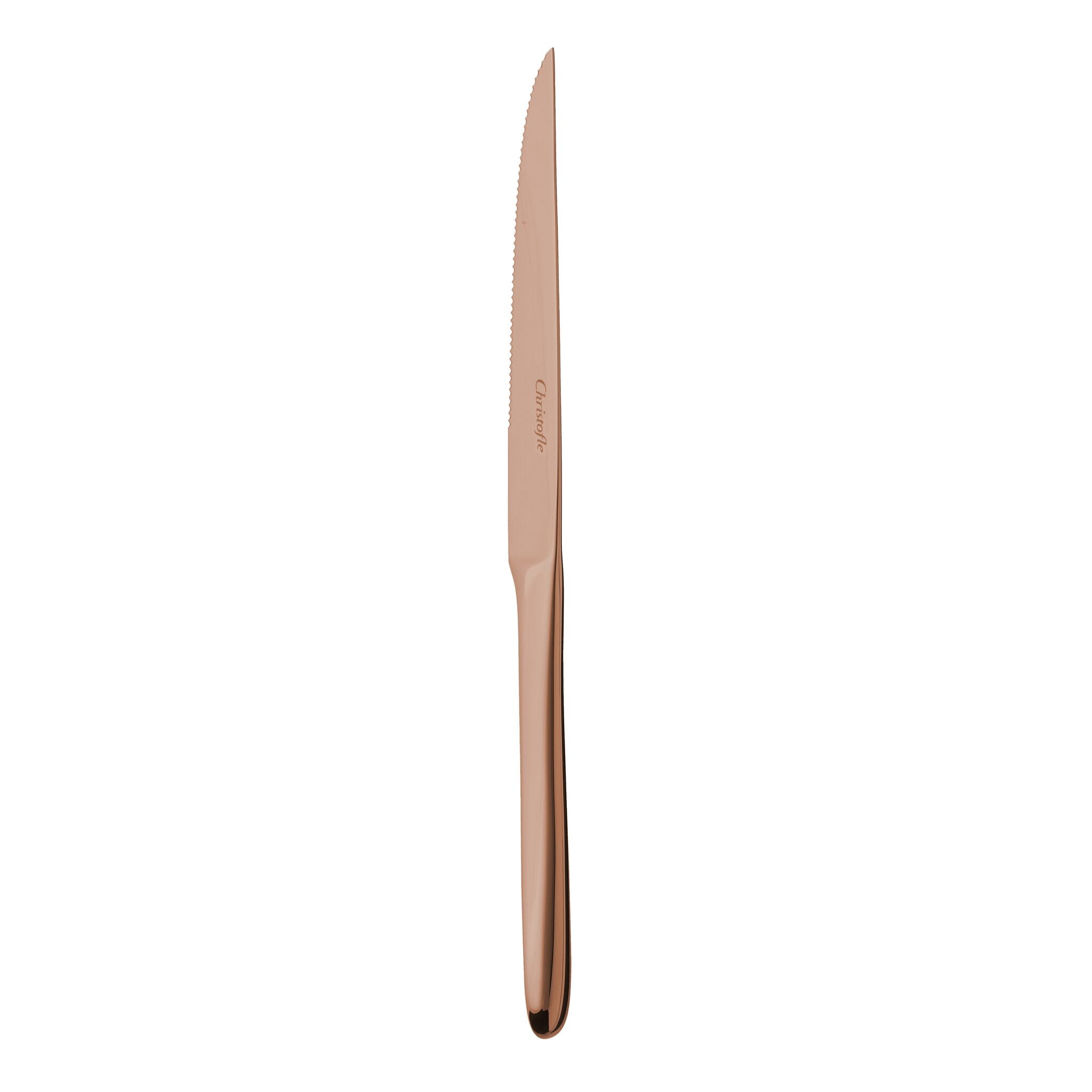 Christofle Copper Stainless Steel Serrated Blade Steak Knife in stainless steel on a white background