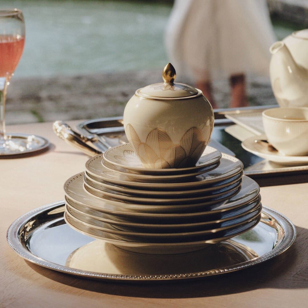 Christofle Malmaison Gold Finish Porcelain Sugar Bowl in porcelain on a white background