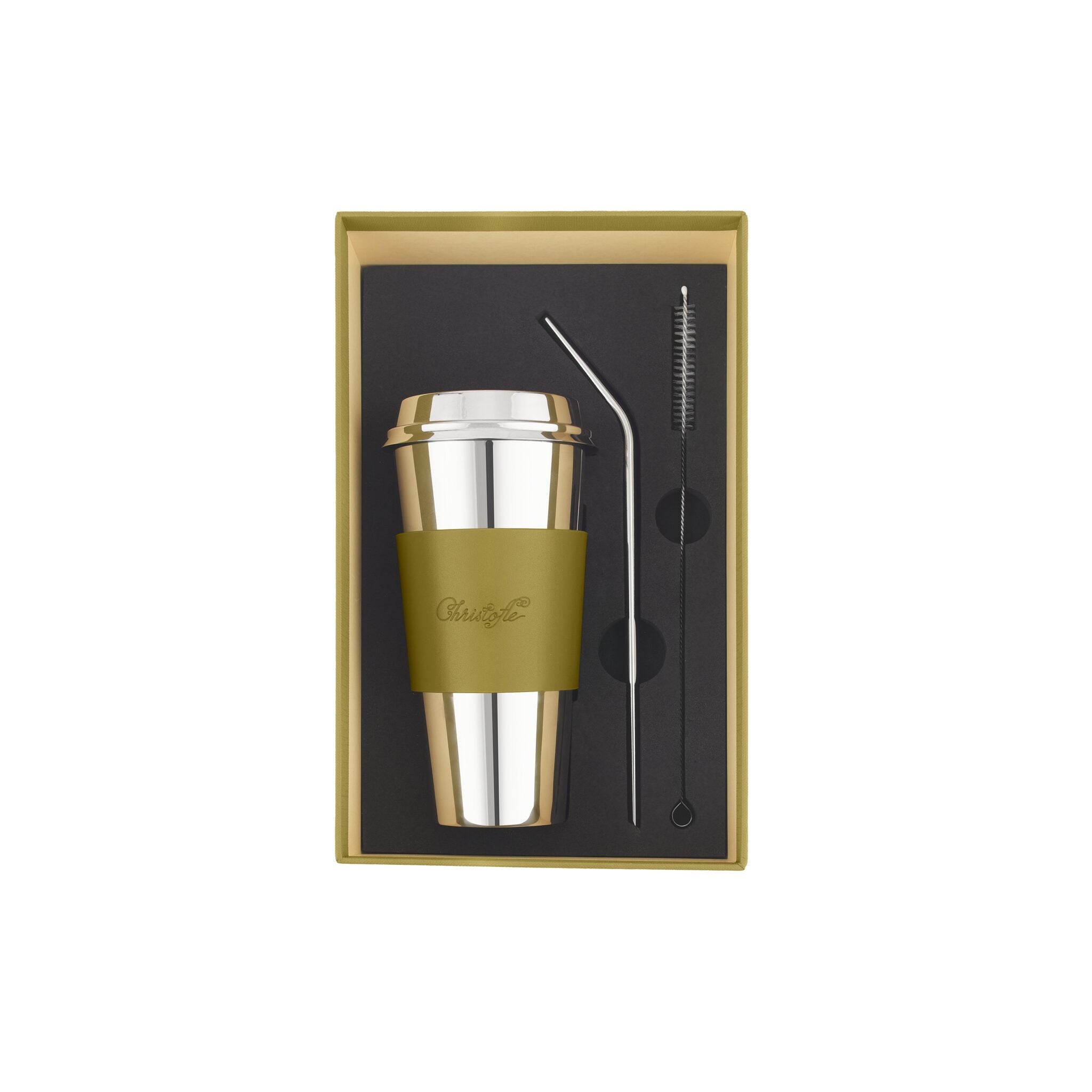Christofle The Coffee Cup and Its Accessories in stainless steel on a white background