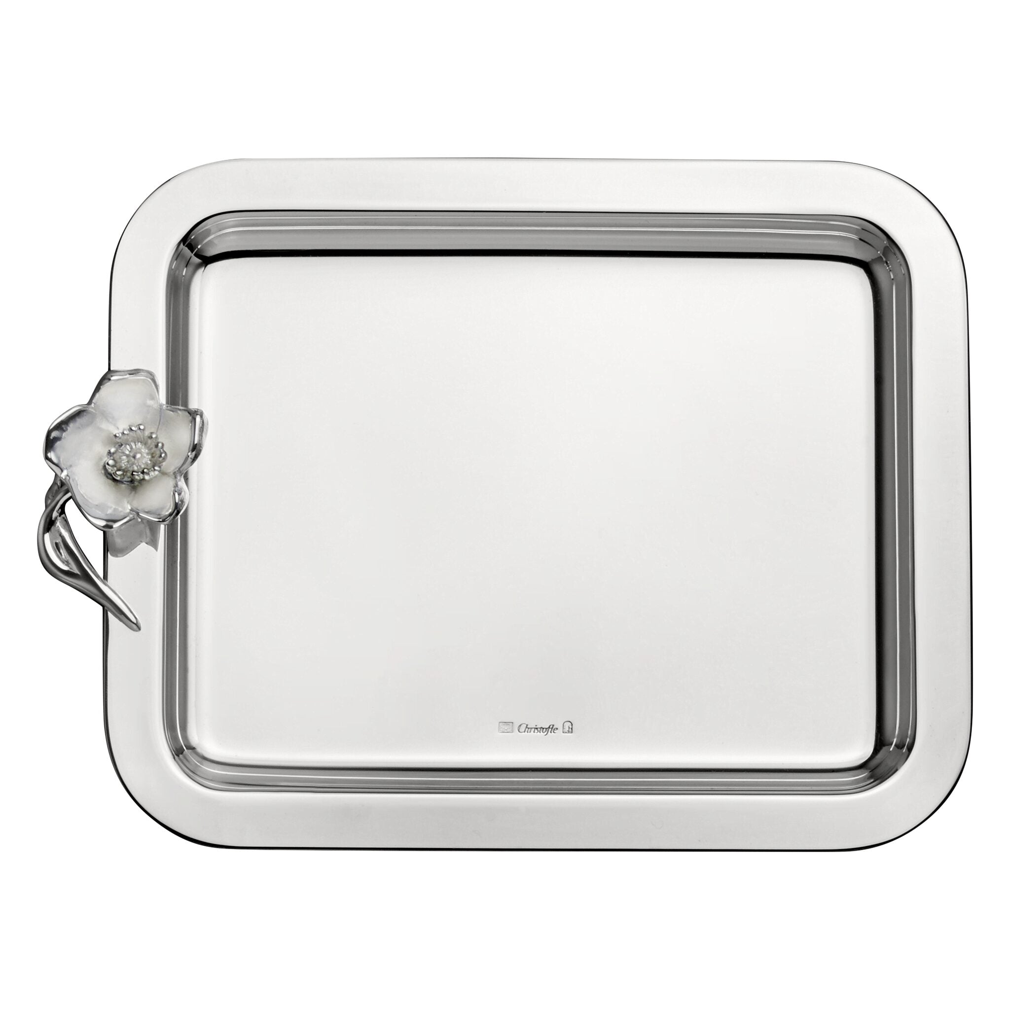 Christofle Anémone Small Silver-Plated Tray 8 X 6 in in silver-plate on a white background