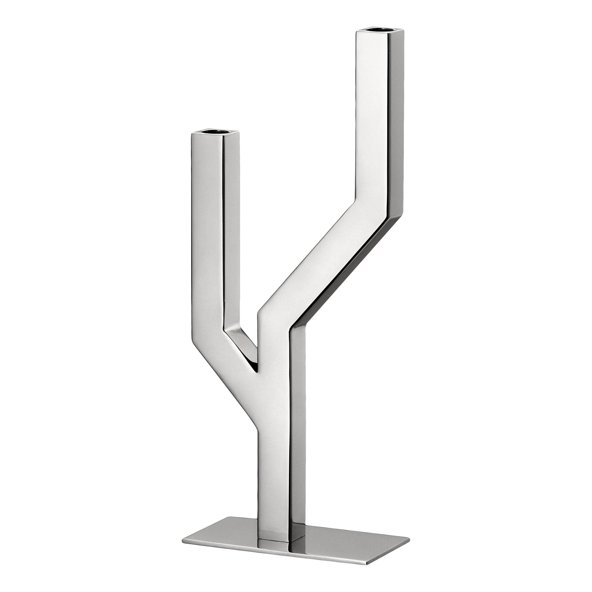 Christofle Arborescence Stainless Steel Candelabra for Two Candles in stainless steel on a white background