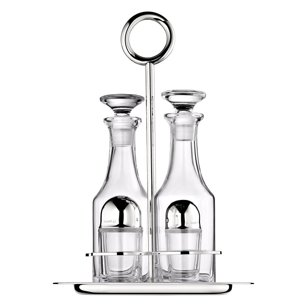 Christofle Vertigo Silver-Plated Oil and Vinegar Cruet Set with Stand on a white background