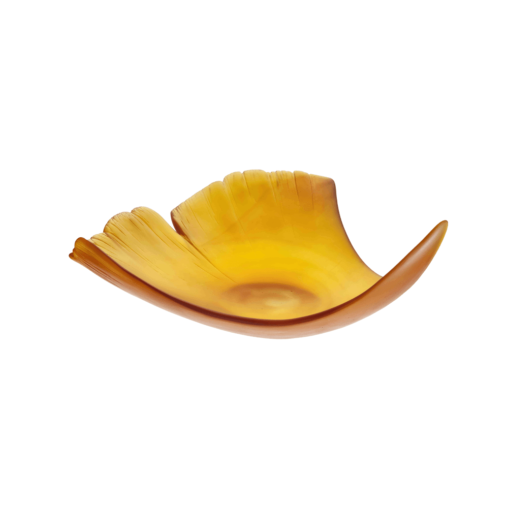 Daum Ginkgo Large Leaf Bowl in Amber, handcrafted Daum crystal