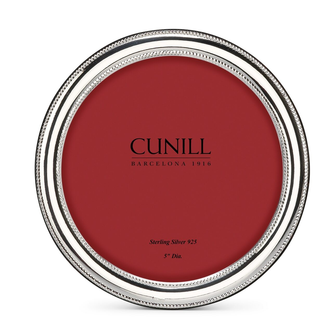 Cunill Beaded Round Non-Tarnish 5" Sterling Silver Picture Frame, sterling silver picture frame, on a white background