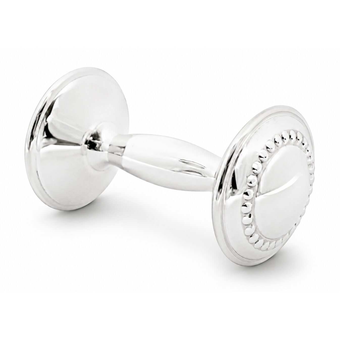 Cunill Beaded Sterling Silver Baby Barbell Rattle, sterling silver baby rattle, on a white background