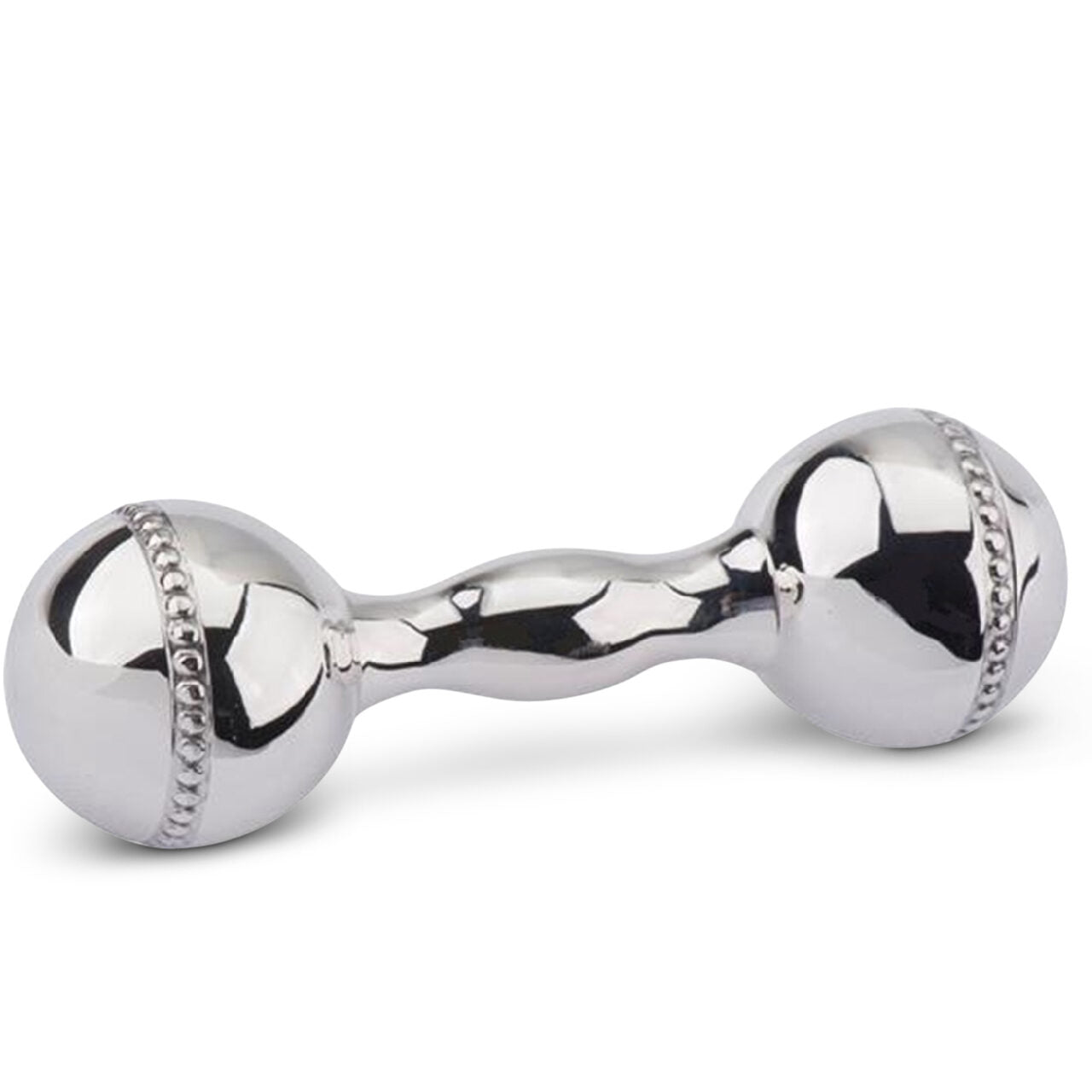 Cunill Beaded Sterling Silver Baby Dumbbell Rattle, sterling silver baby rattle, on a white background